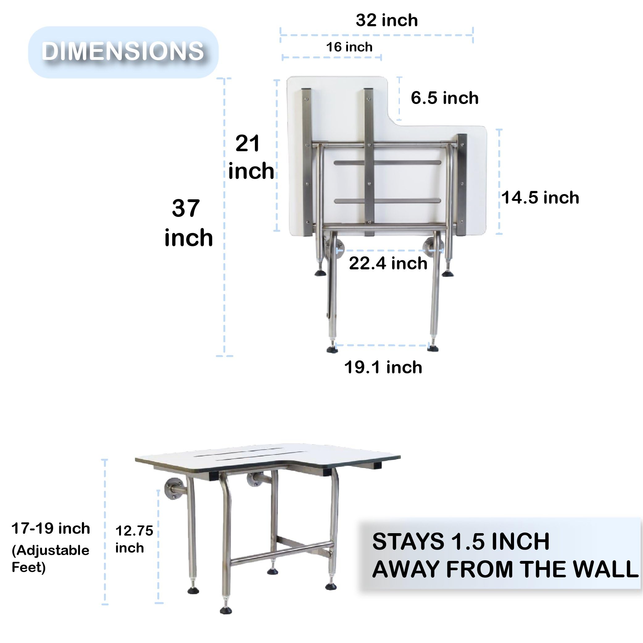 ADA Compliant Heavy Duty Shower Chair with Resin Seat & 304 Stainless Steel Frame - Supports 600lbs - Folding Wall Mounted Shower Seat for Elderly & Disabled (32