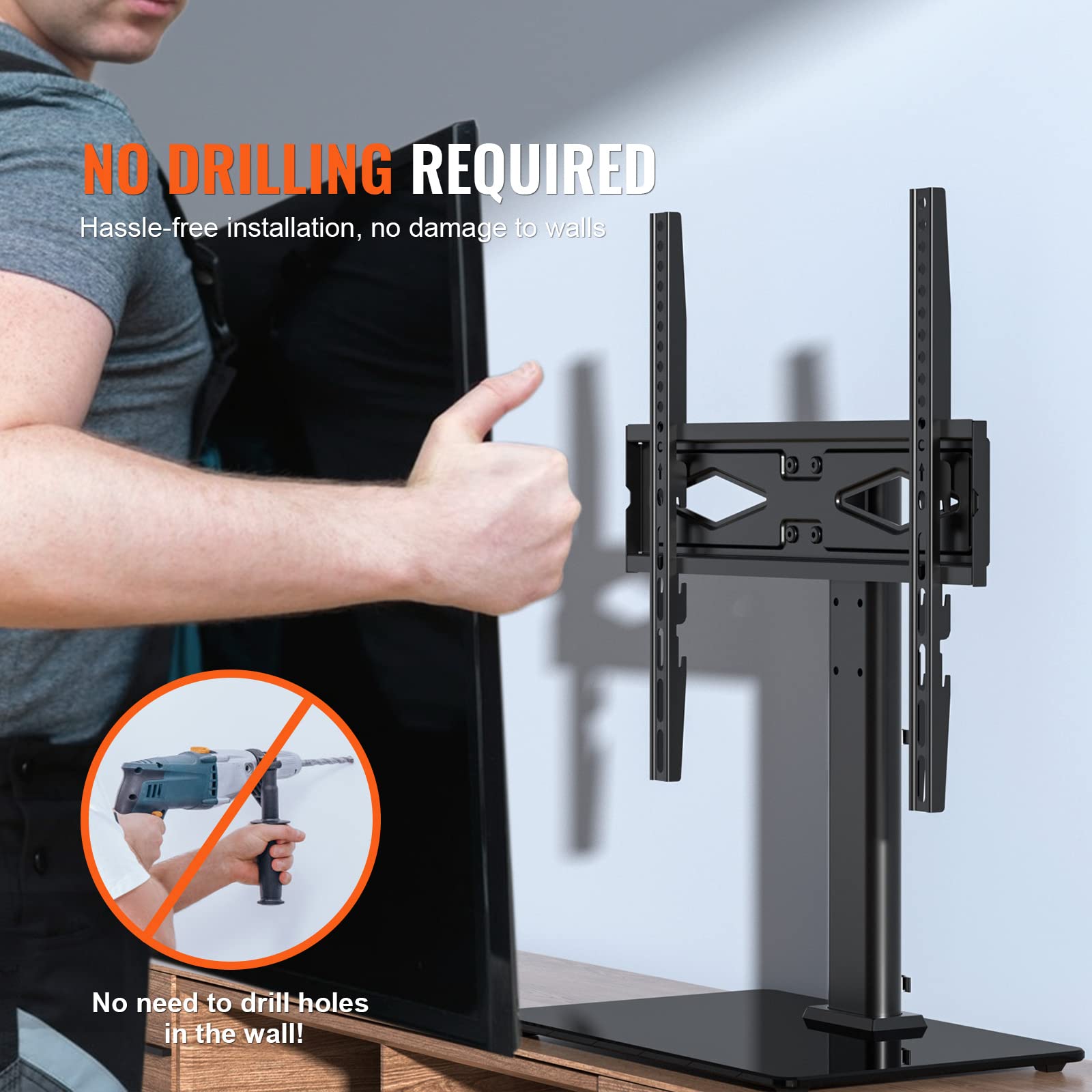 VEVOR Universal Swivel TV Stand for 32-55 Inch TVs - Height Adjustable Floor TV Mount with Tempered Glass Base for Living Room, Bedroom | Perfect for Home Theater, Gaming & Office Setup