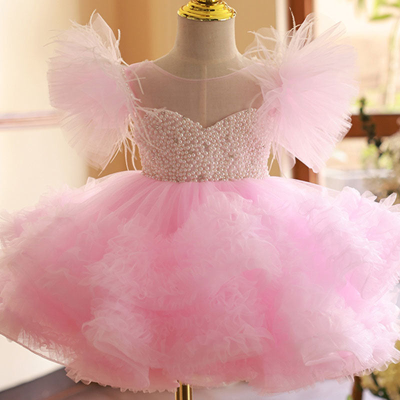 Elegant Baby Girl Birthday Party Dress - Pearl Embellished Chiffon Princess Gown with Back Zipper | Perfect for 1st Birthday, Photoshoots & Special Occasions