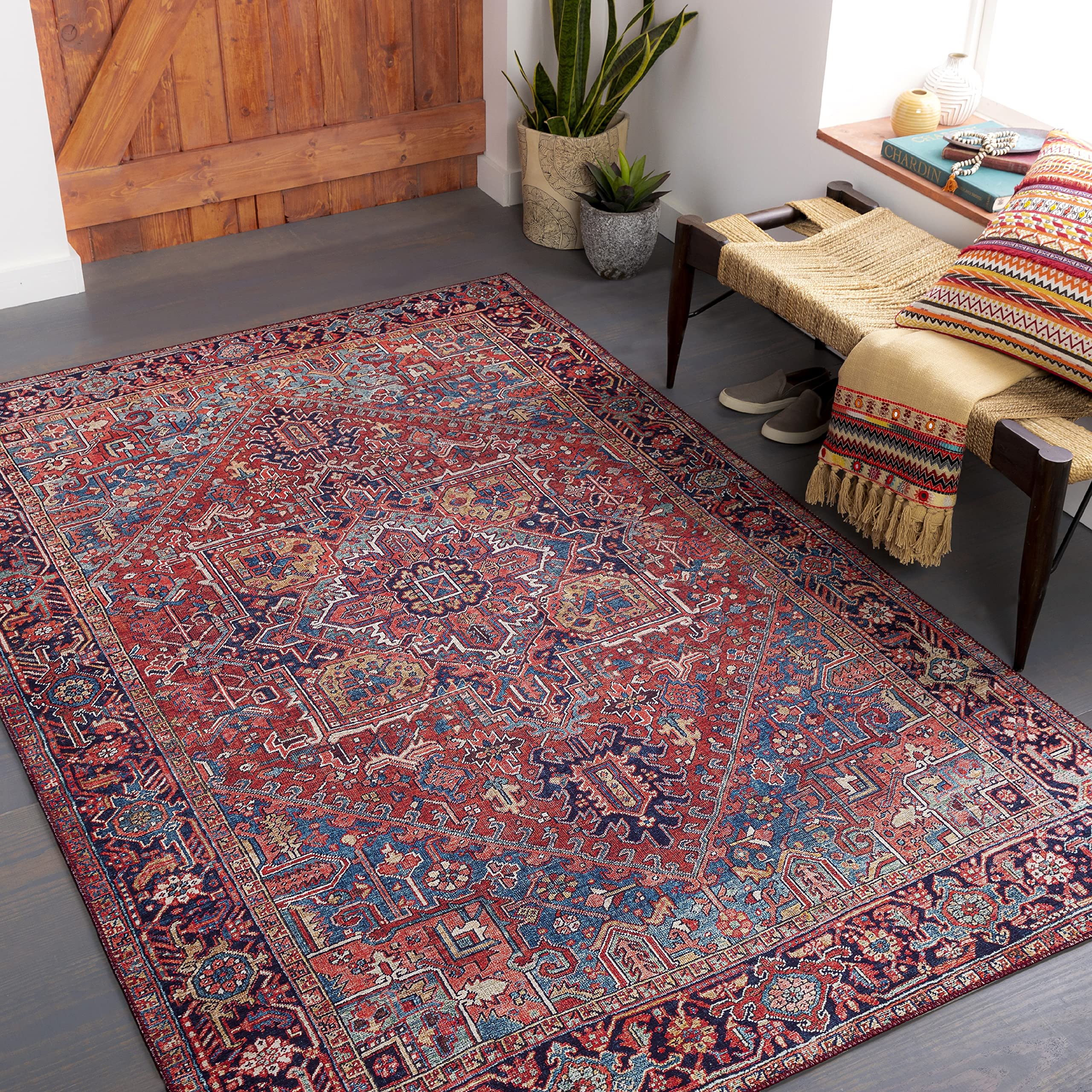 Mark&Day 4x6 Looneind Traditional Dark Red Area Rug - Red Blue Carpet for Living Room, Bedroom, Kitchen (3'6