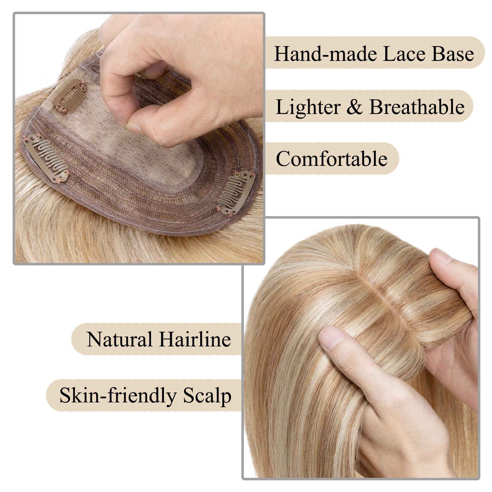 MY-LADY Human Hair Toppers for Women - 14 Inch Remy Hair Pieces with Silk Base, 130% Density, No Bangs (10x12cm) - Straight Clip-in Hair Extensions for Thinning Hair in #12/613 Golden Brown & Bleach Blonde - Perfect for Daily Wear, Parties & Special Occasions