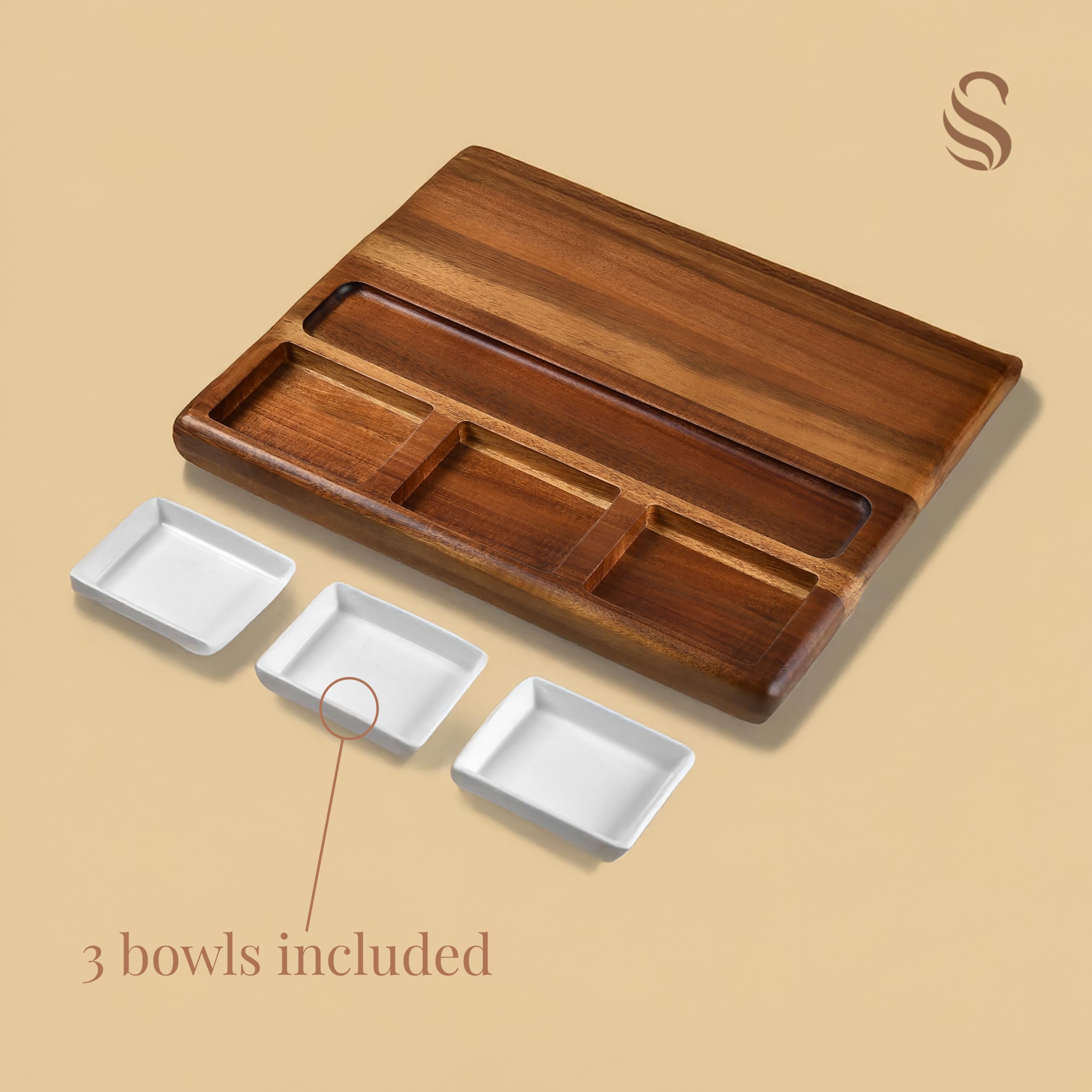 Premium Acacia Wood Charcuterie Board Set with 3 Removable Ceramic Bowls & Serving Utensils - Elegant Cheese & Charcuterie Serving Platter for Parties, Entertaining, Weddings & Holiday Gatherings - Perfect Gift for Hosts & Food Lovers
