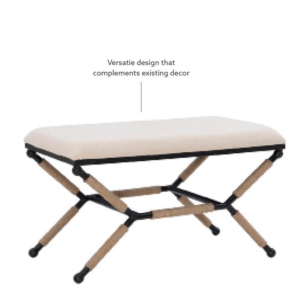 Linon Anna Campaign Accent Bench - Black Metal Legs with Cream Rope Detail - Perfect for Entryway, Bedroom or Living Room Decor