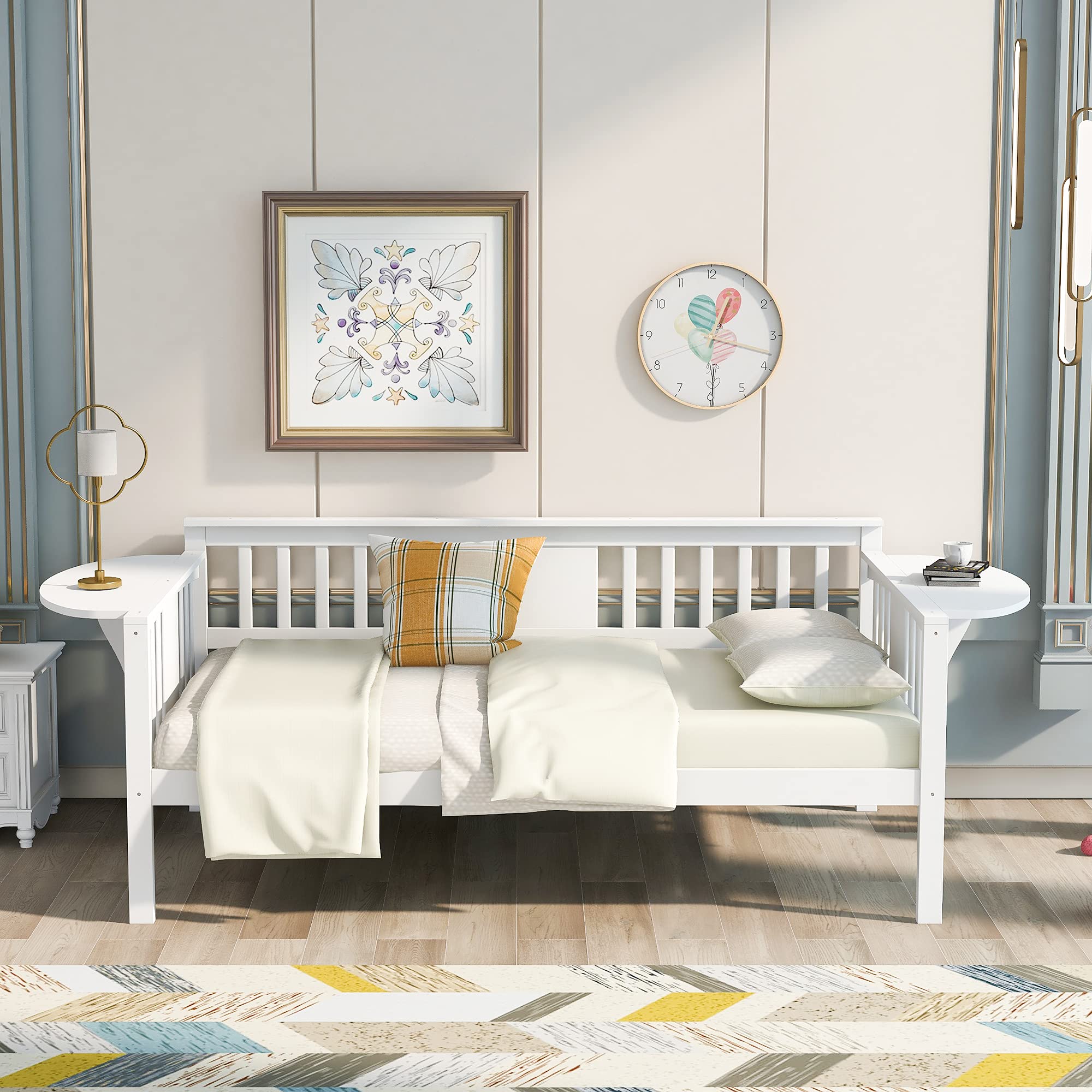 Twin Size Daybed with Foldable Table - Wooden Sofa Bed Frame with Rails & Backrest - Sturdy Wood Slat Support - Multi-Functional Convertible Daybed for Small Spaces, Guest Room, Dorm, Living Room & Bedroom - White