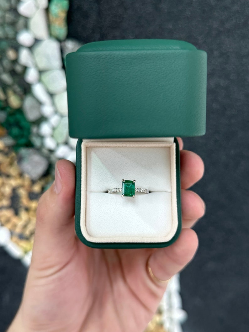 1.95tcw 14K White Gold Emerald and Diamond Right Hand Ring for Women - Elegant Dark Green Gemstone Engagement Ring for Proposal, Anniversary or Special Occasion Gift
