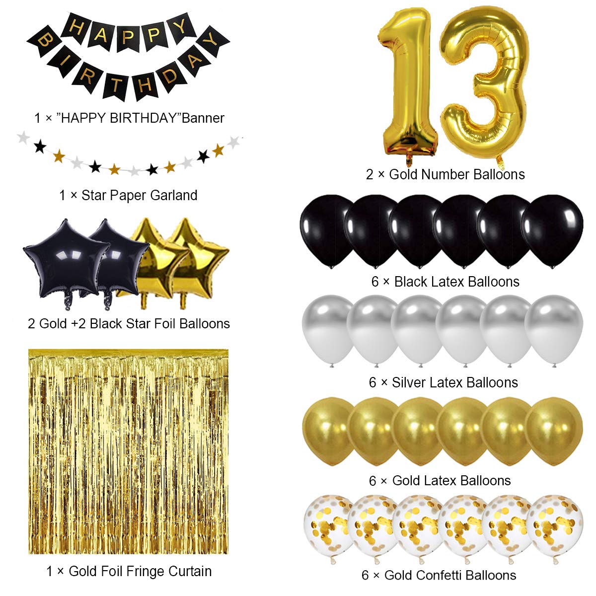 Black and Gold 13th Birthday Party Decorations - Happy Birthday Banner, Number 13 Balloons & Decoration Supplies for Teen's 13 Years Old Celebration | Perfect for Birthday Parties, Milestone Events & Photo Backdrops