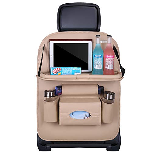 Premium PU Leather Car Backseat Organizer with Foldable Table - Multi-Pocket Storage, Adjustable Buckle Strap - Beige | Perfect for Road Trips, Family Travel & Kids Snack Organization