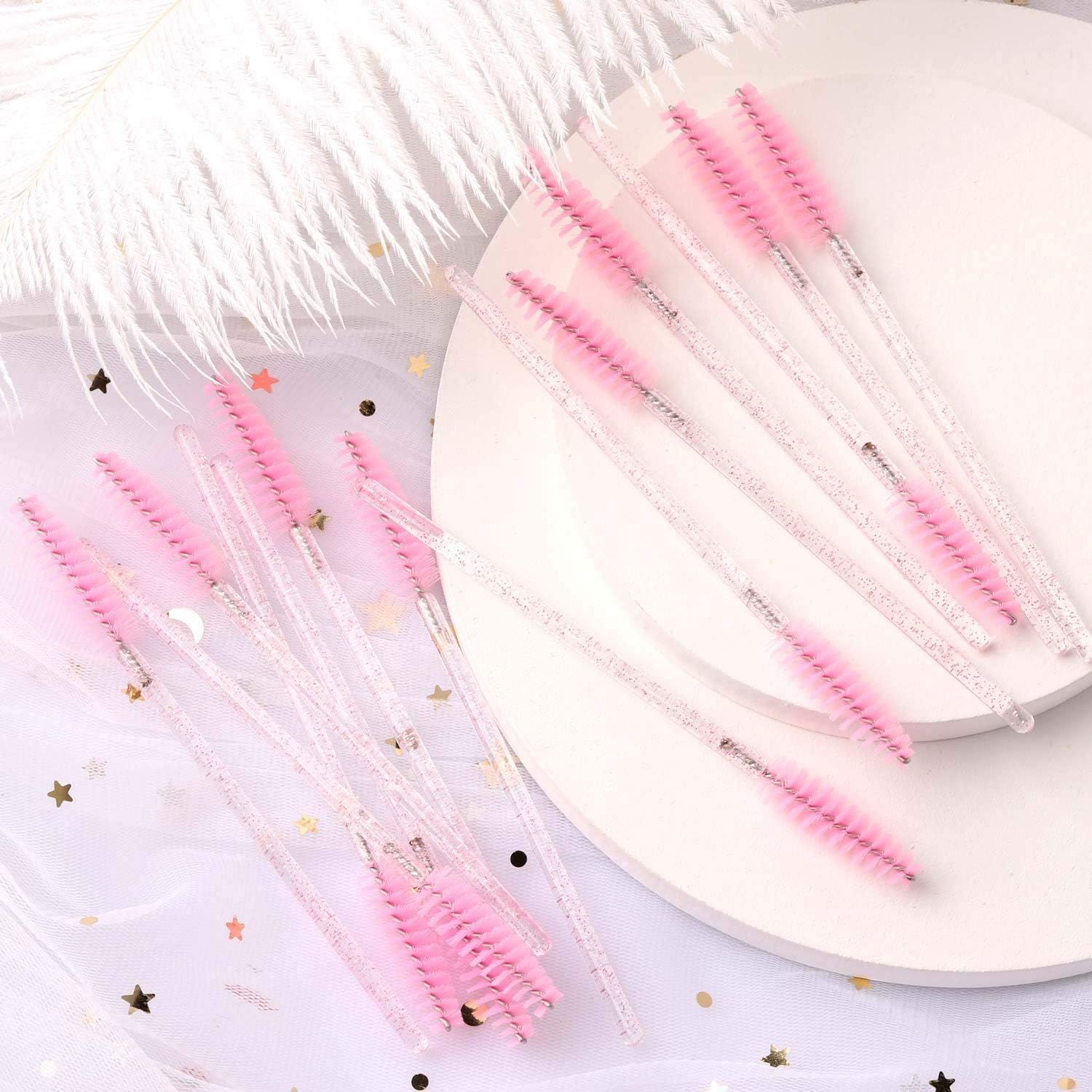 VOIISH Glitter Eyelash Brush Mascara Wands Set (Pack of 50) - Professional Eyelash Curling Comb, Makeup Brushes & Eyebrow Spoolers for Stunning Eye Makeup - Perfect for Salon, Home Use & Travel