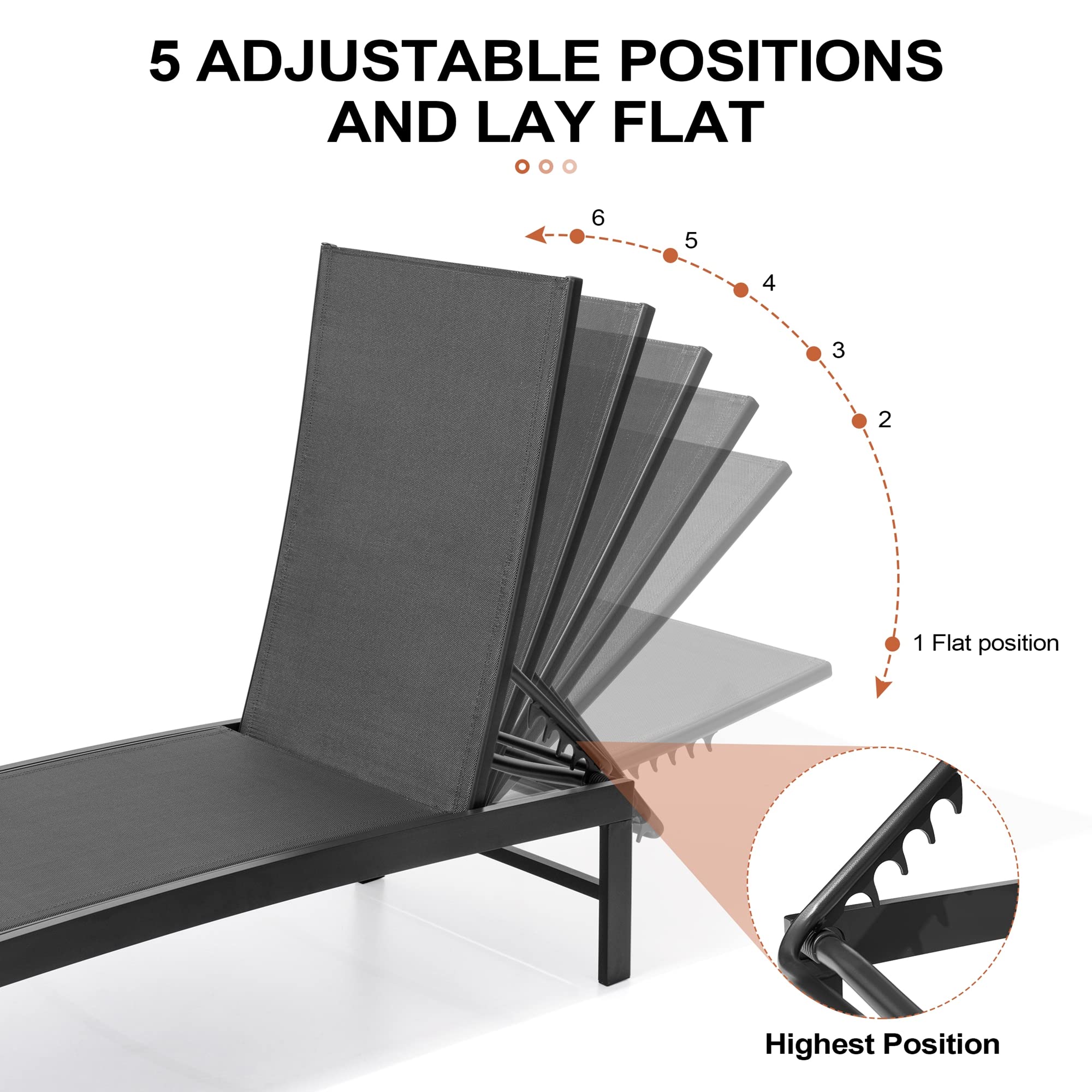 Premium Aluminum Outdoor Lounge Chair Set of 2 - Adjustable 5-Position Recliner, All-Weather Poolside Chaise for Patio, Beach & Backyard - Perfect for Sunbathing, Relaxing by the Pool or Garden Lounging (Black)