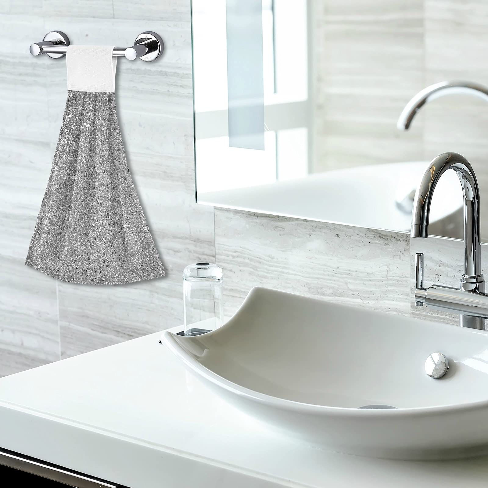 Poeticcity Glitter Silver Grey Hanging Kitchen Hand Towels - 2 Pack with Hook & Loop Dishcloths Set | Absorbent Tea Towel & Decorative Bar Towel for Kitchen, Bathroom, Dining Room