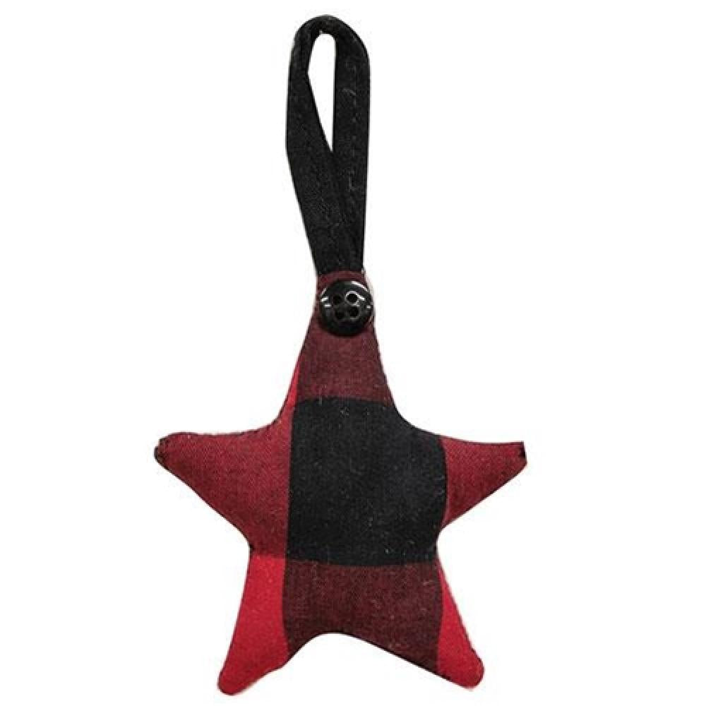 Red & Black Buffalo Check Fabric Star Hanger Ornament - Christmas Tree Decor, Holiday Home Decoration, Rustic Farmhouse Style Seasonal Décor for Xmas Party & Winter Festive Celebrations