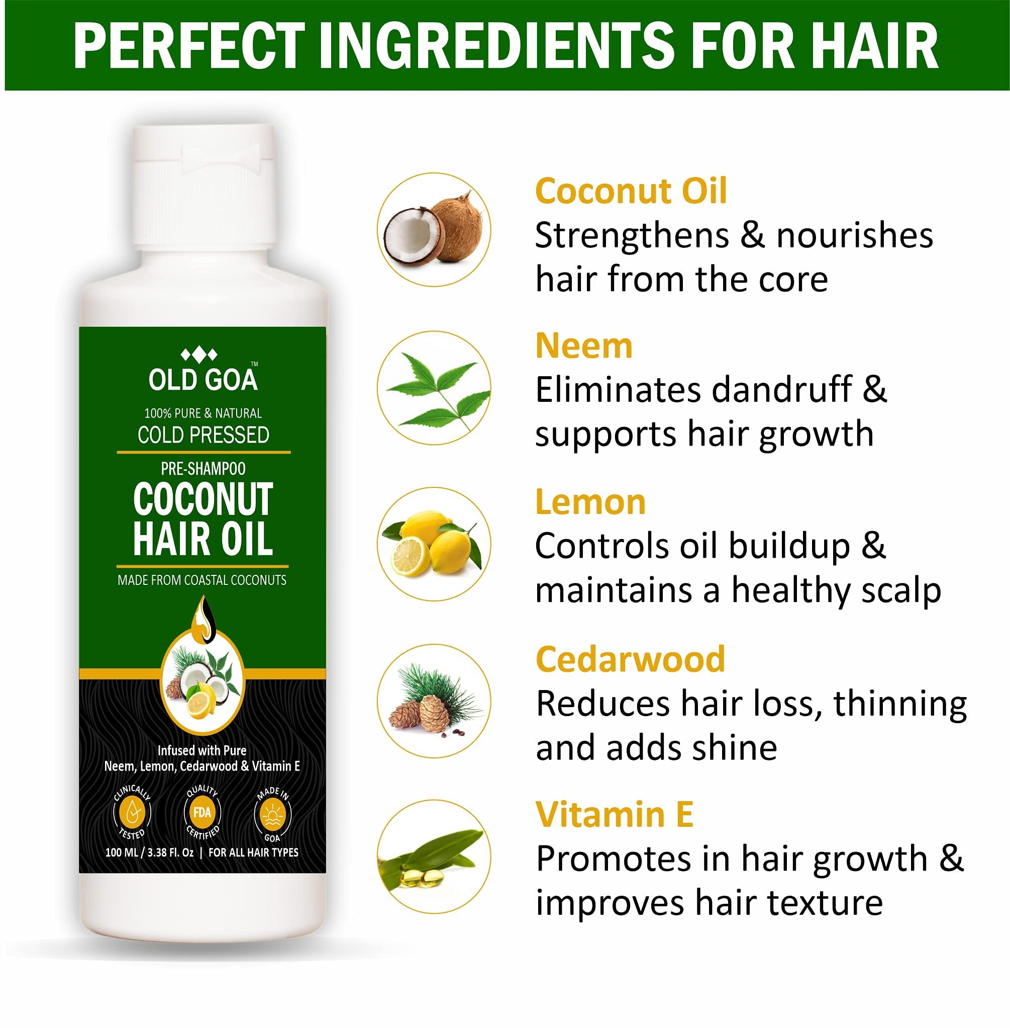 OLDGOA 100% Pure Coconut Hair Oil for Healthy Long Hair - Pre-Shampoo Treatment for Silky, Strong Hair & Dandruff Control - Non-Sticky, Non-Greasy Hair Serum for Women, Men & Kids (200ml) - Perfect for Daily Hair Care & Scalp Nourishment