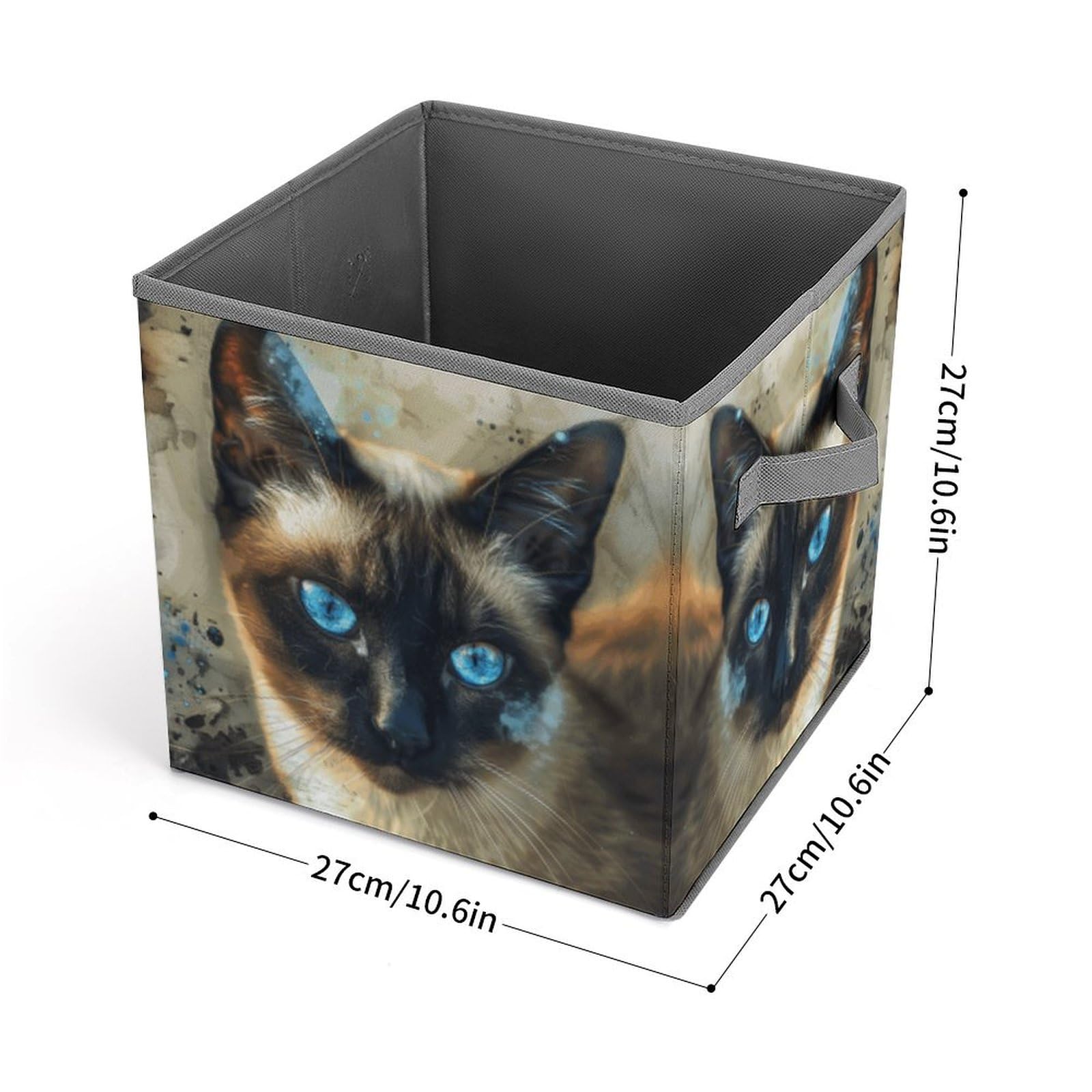 Collapsible Storage Cubes with Handles - 10.6×10.6 Inch Foldable Fabric Bins for Home Organization | Siamese Cat Printed Design | Perfect for Closet, Nursery, Office & Laundry Room Storage