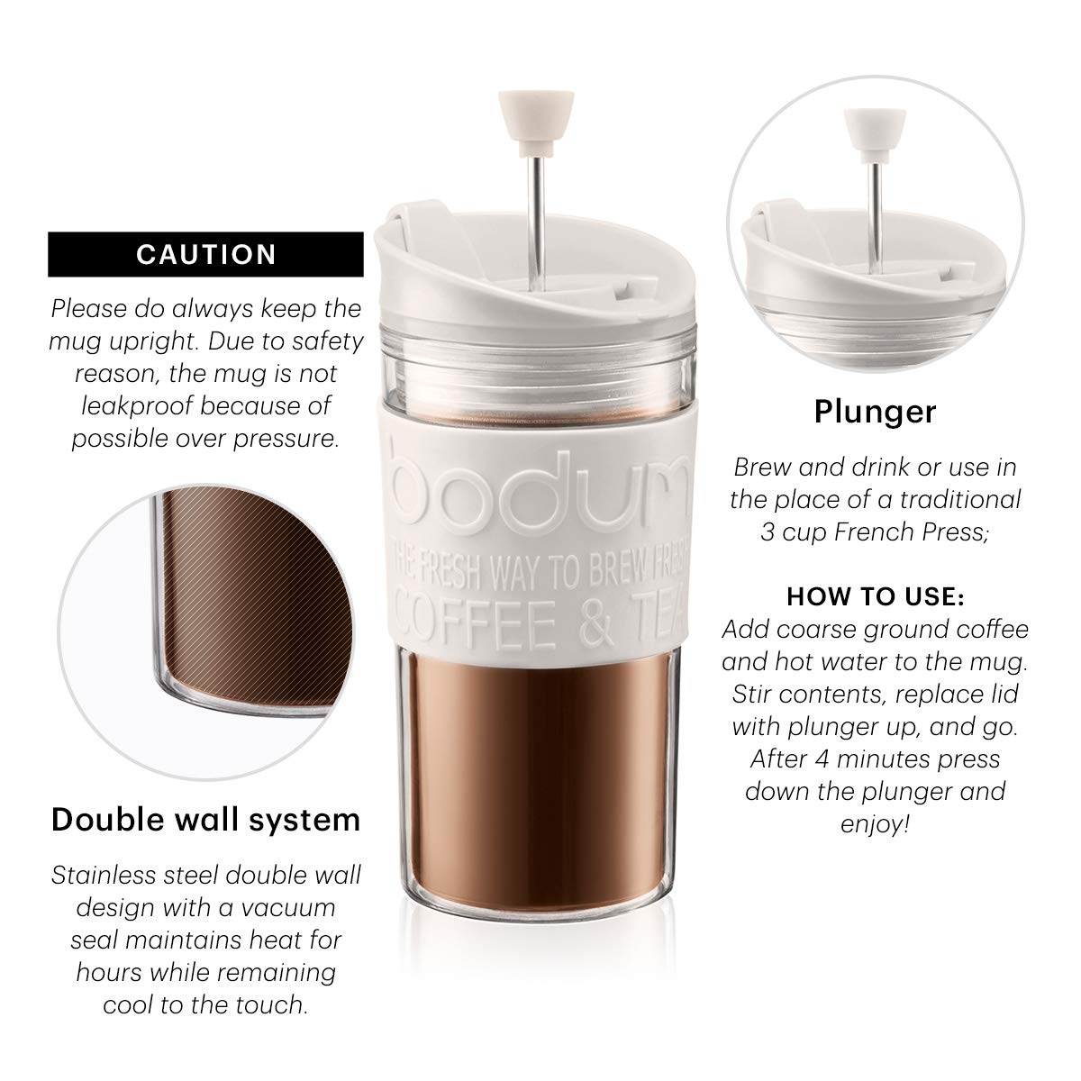 Bodum Travel Press Coffee Maker – Double Wall Insulated, 12 oz (0.35L) Portable French Press with Flip Top Lid – Perfect for Camping, Office & On-the-Go Coffee Lovers (Off White)