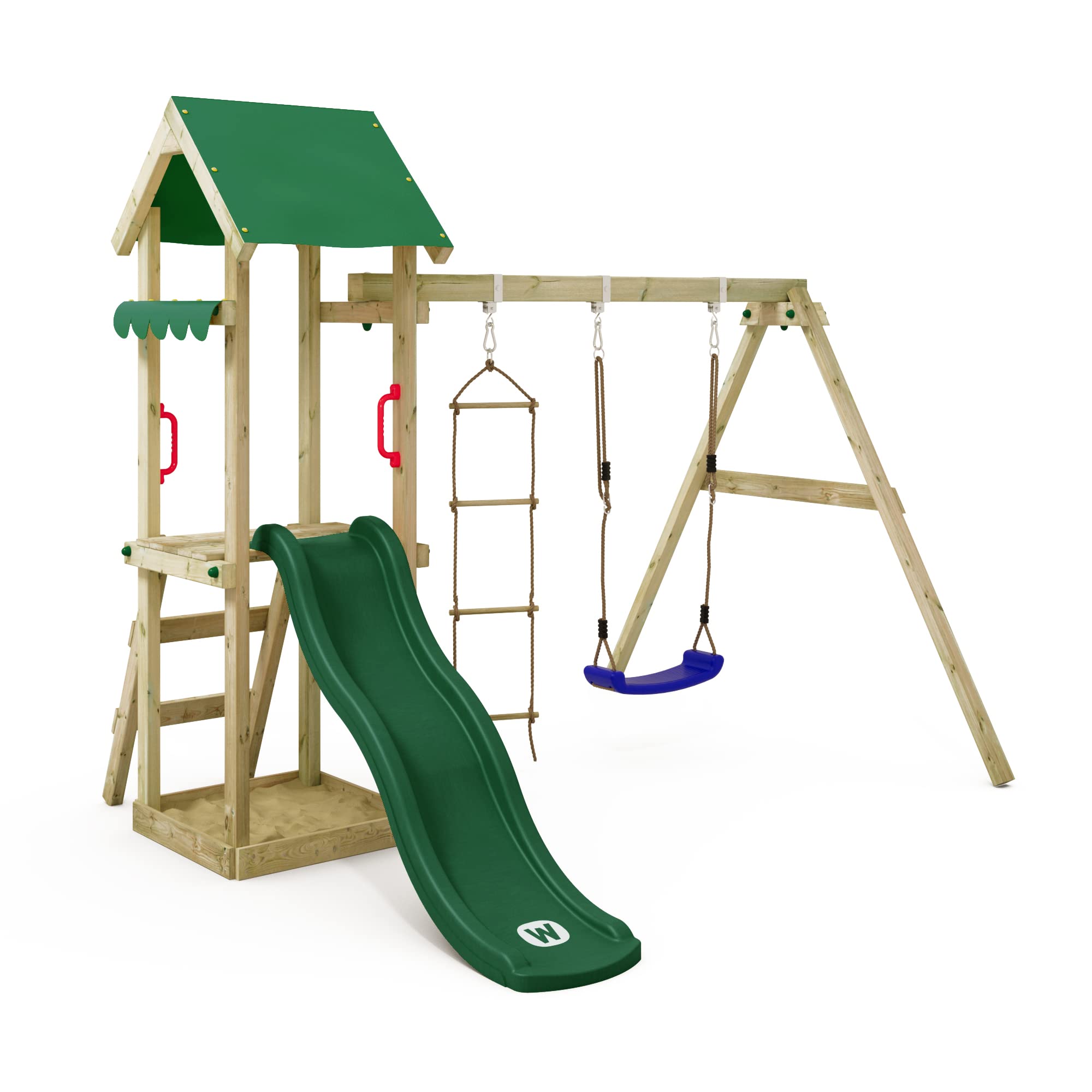 WICKEY TinyCabin Wooden Playhouse with Swing, Slide & Sandbox - Kids Outdoor Climbing Tower with Ladder & Garden Accessories - Perfect for Backyard, Playground & Preschool Activities