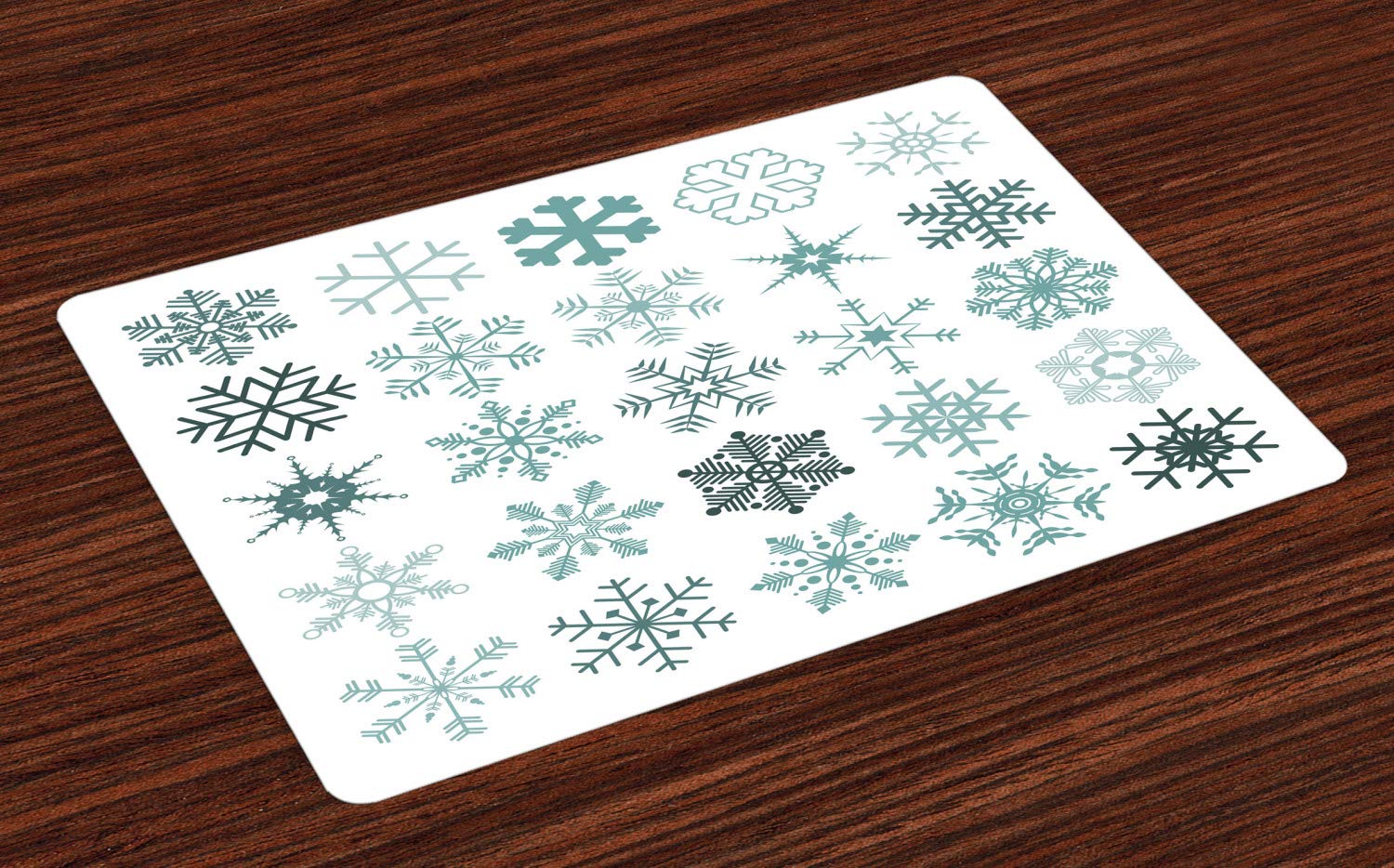 Lunarable Snowflake Place Mats Set of 4 - Unique Monochromatic Winter Snow Designs, Washable Fabric Table Mats for Dining Room, Standard Size (Cadet Blue/Dark Teal) - Perfect for Holiday Dinner Parties & Winter Home Decor