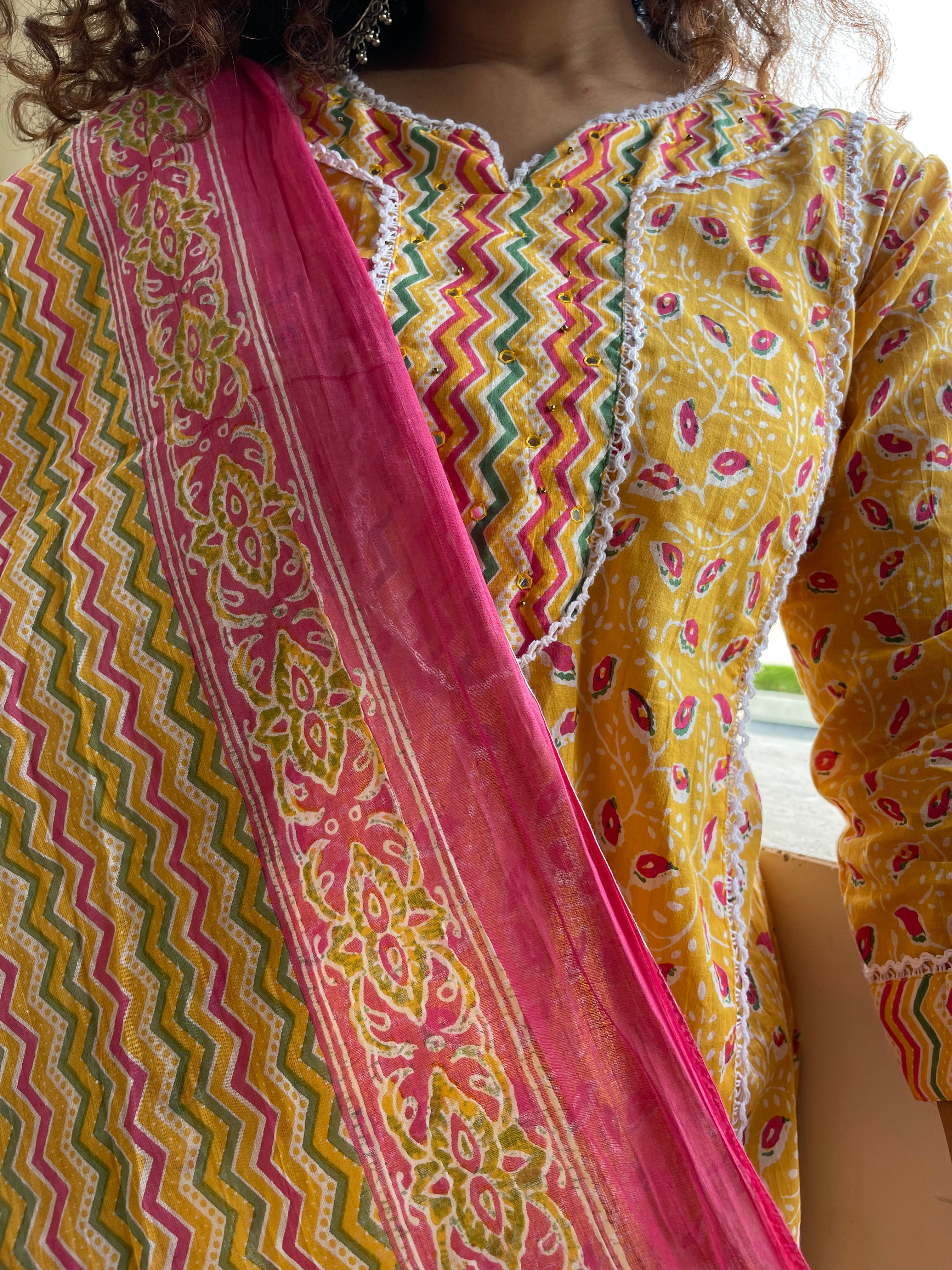 Elegant Yellow Dupatta Suit Set with Floral Motifs - Perfect for Weddings, Festivals & Special Occasions