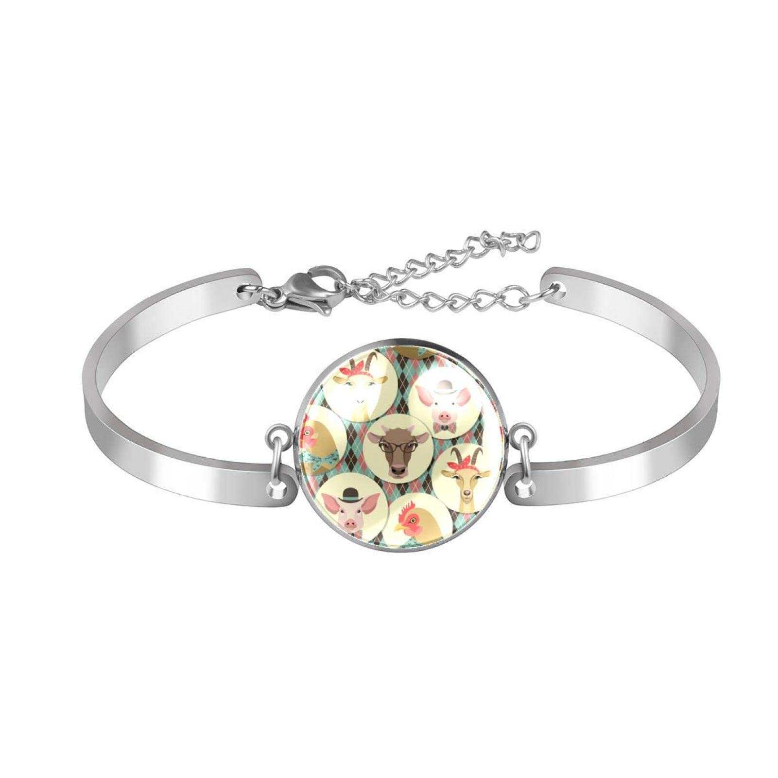 Adjustable Stainless Steel Farm Animal Bangle Bracelet for Women & Girls - Pig, Rooster, Goat, Cow Design - Perfect Birthday, Christmas & Friendship Gifts for Animal Lovers | Great for Casual Wear, Parties & Everyday Fashion Accessories