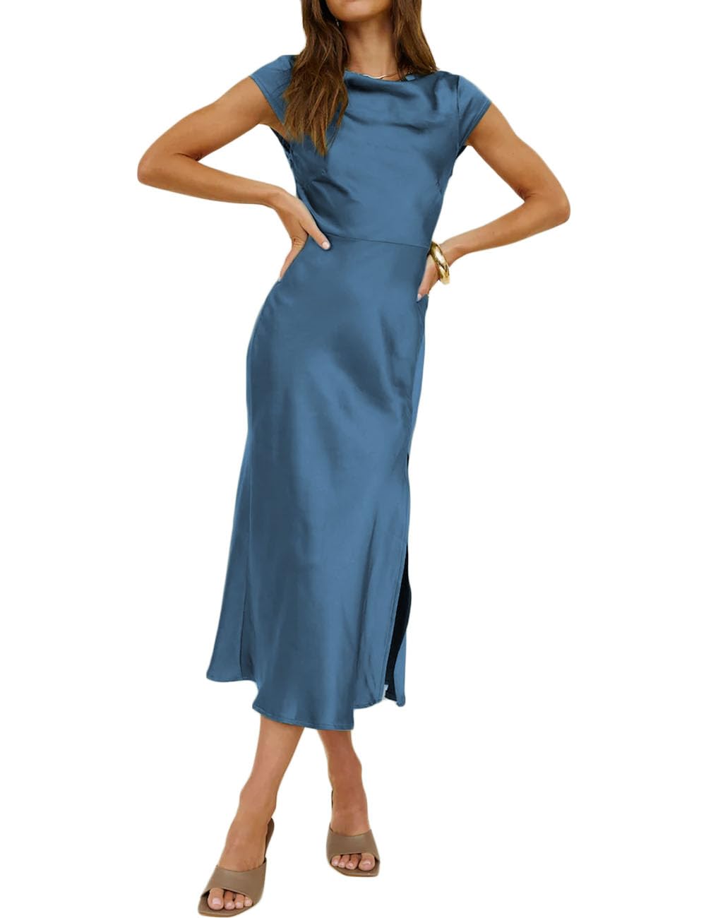 Elegant Backless Satin Midi Dress for Women | 2025 Summer Cocktail & Wedding Guest Dress with Cowl Neck & Thigh Slit | Perfect for Parties, Date Nights & Formal Events