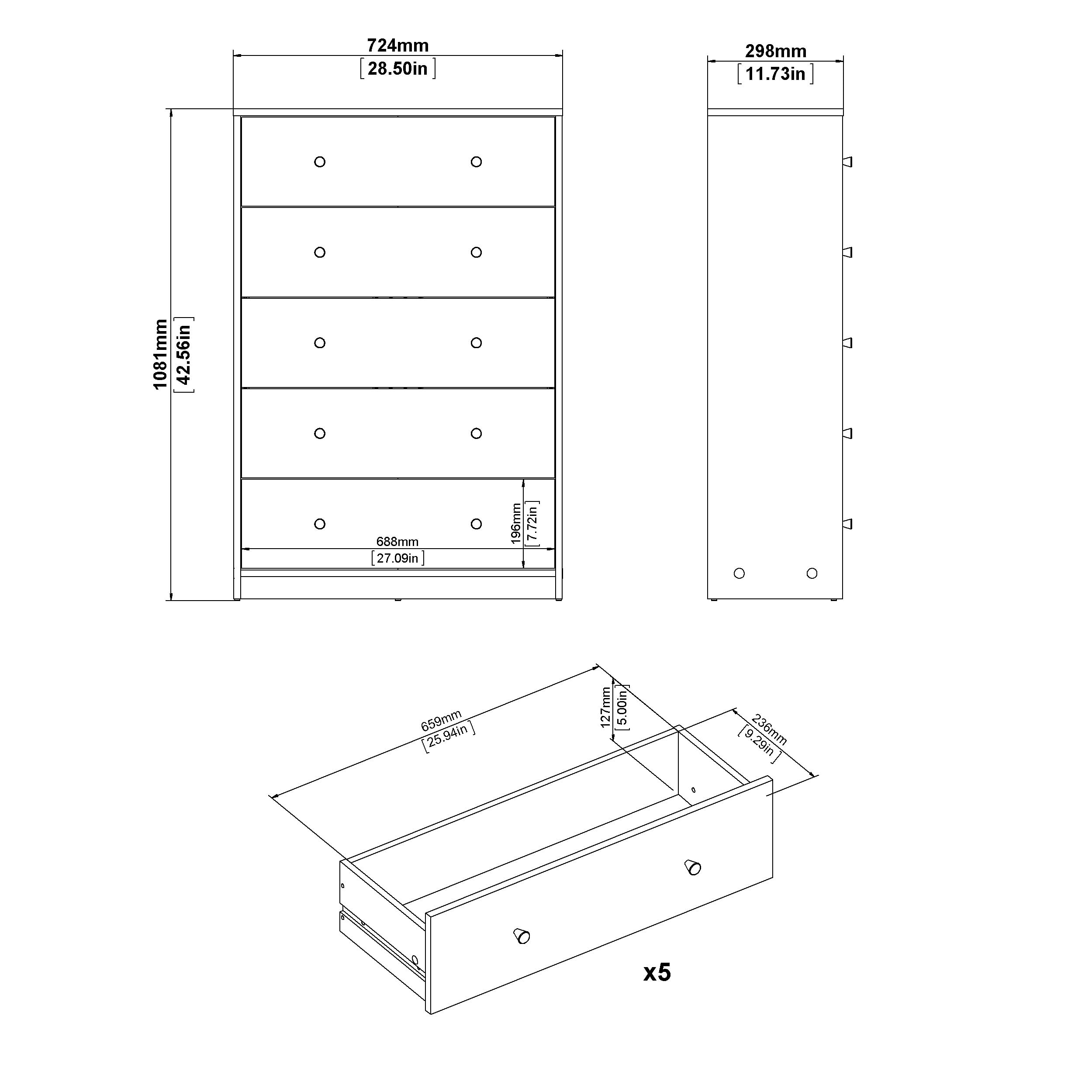 Tvilum 5-Drawer Chest with Silver Knobs - Modern Gray Dresser for Bedroom or Entryway Storage | Perfect for Organizing Clothes, Accessories & Home Decor