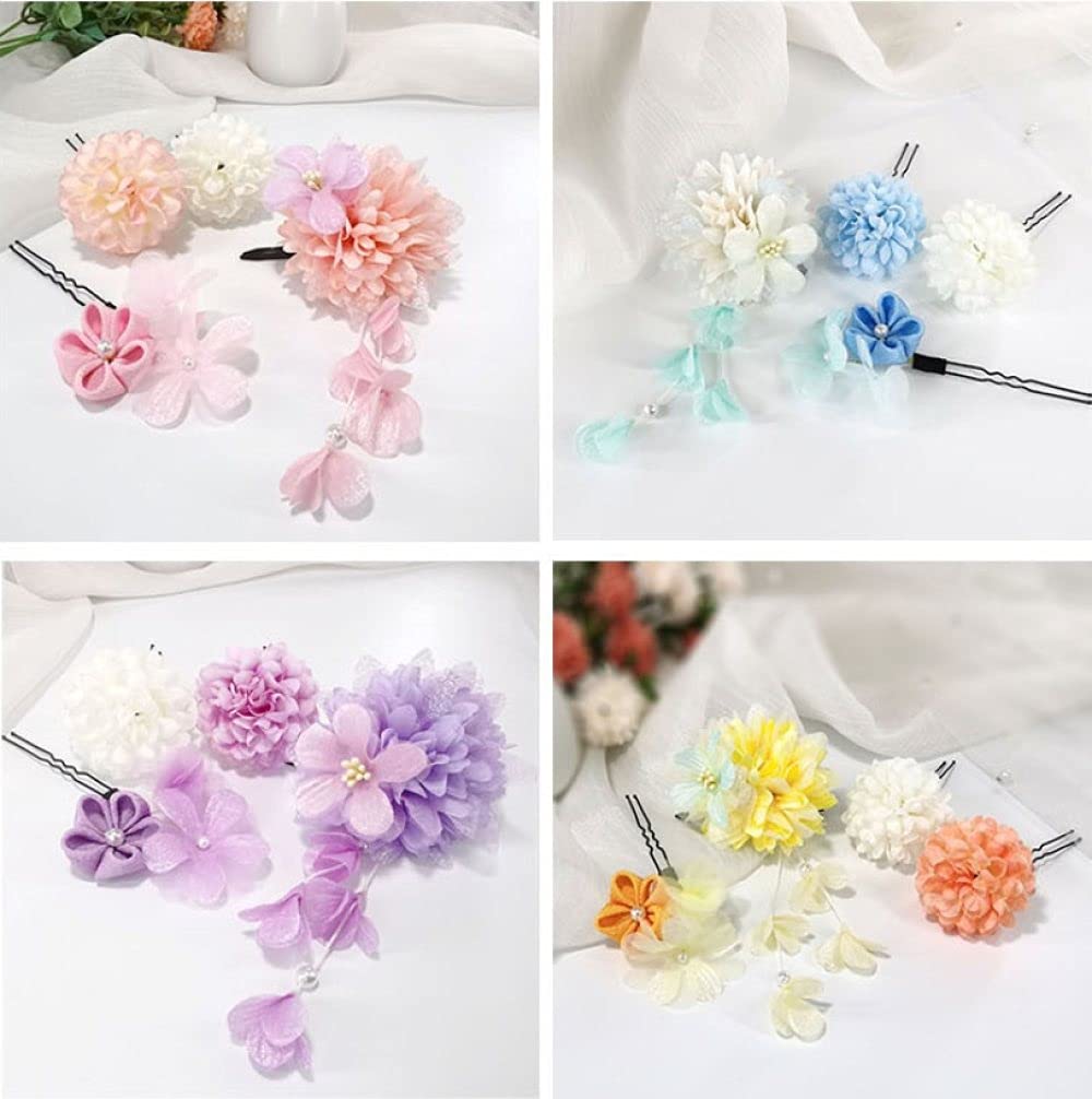 Japanese Hair Clips Set - Elegant Kimono Flower Hair Barrettes & Pearl Hair Pins for Women & Girls - Perfect for Summer Festivals, Weddings, and Daily Styling - Yellow Floral Hair Accessories
