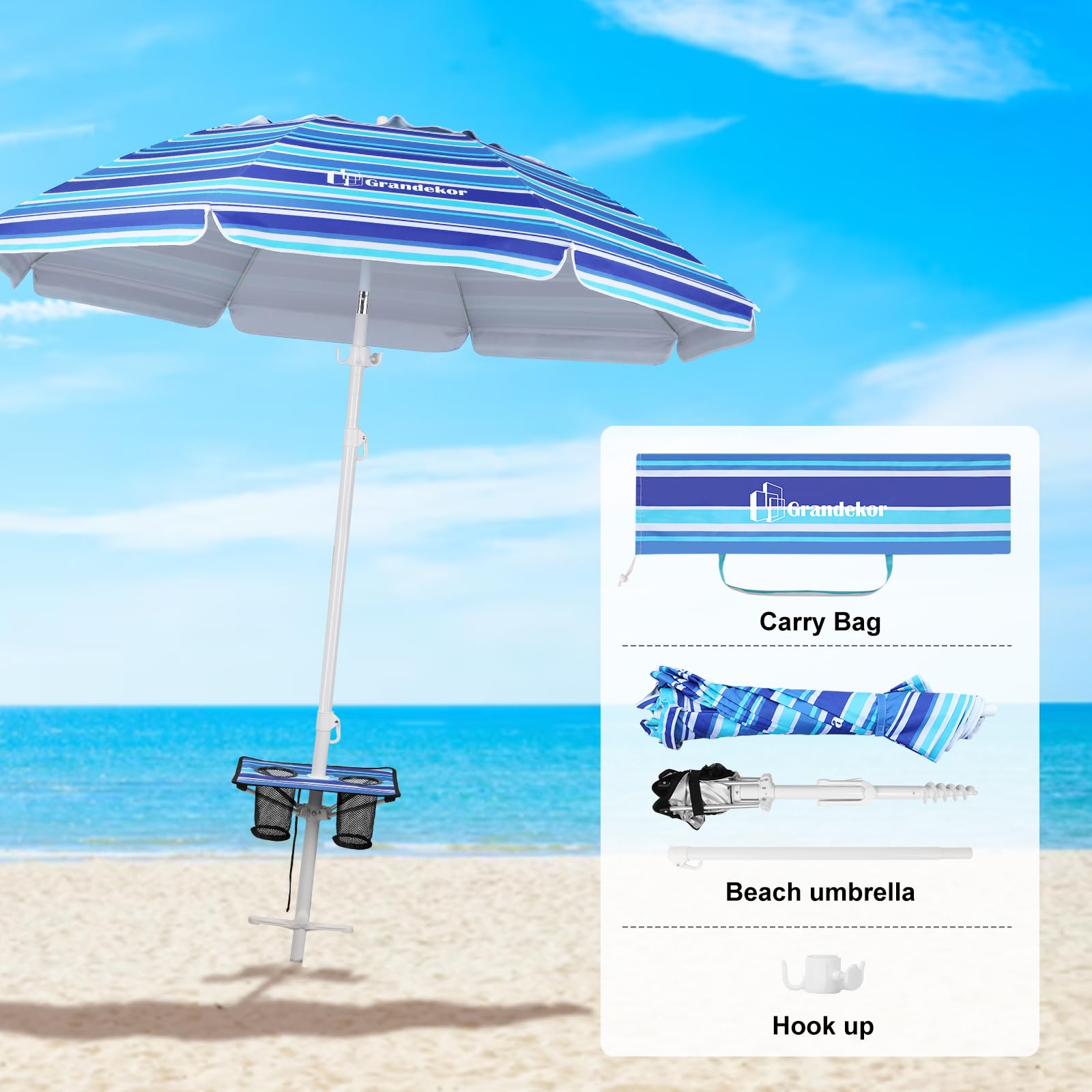 Grandekor 7FT Heavy Duty Windproof Beach Umbrella with Sand Anchor, Portable UV 50+ Sun Shade with Carry Bag & Side Table - Perfect for Beach Vacations, Poolside Relaxation, and Outdoor Picnics