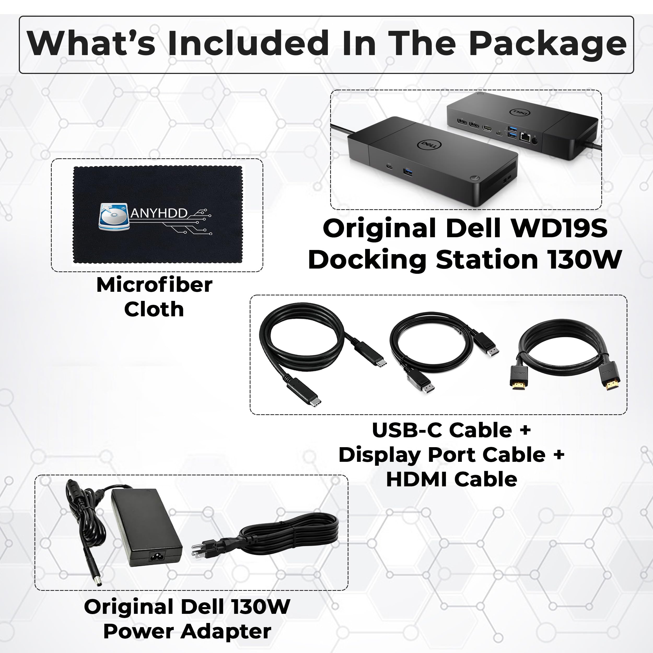 Refurbished Dell WD19S 130W Docking Station with 90W Power Delivery - Universal Laptop Dock Includes HDMI, DisplayPort & USB-C Cables + Microfiber Cloth | Perfect for Home Office, Remote Work & Multi-Monitor Setup