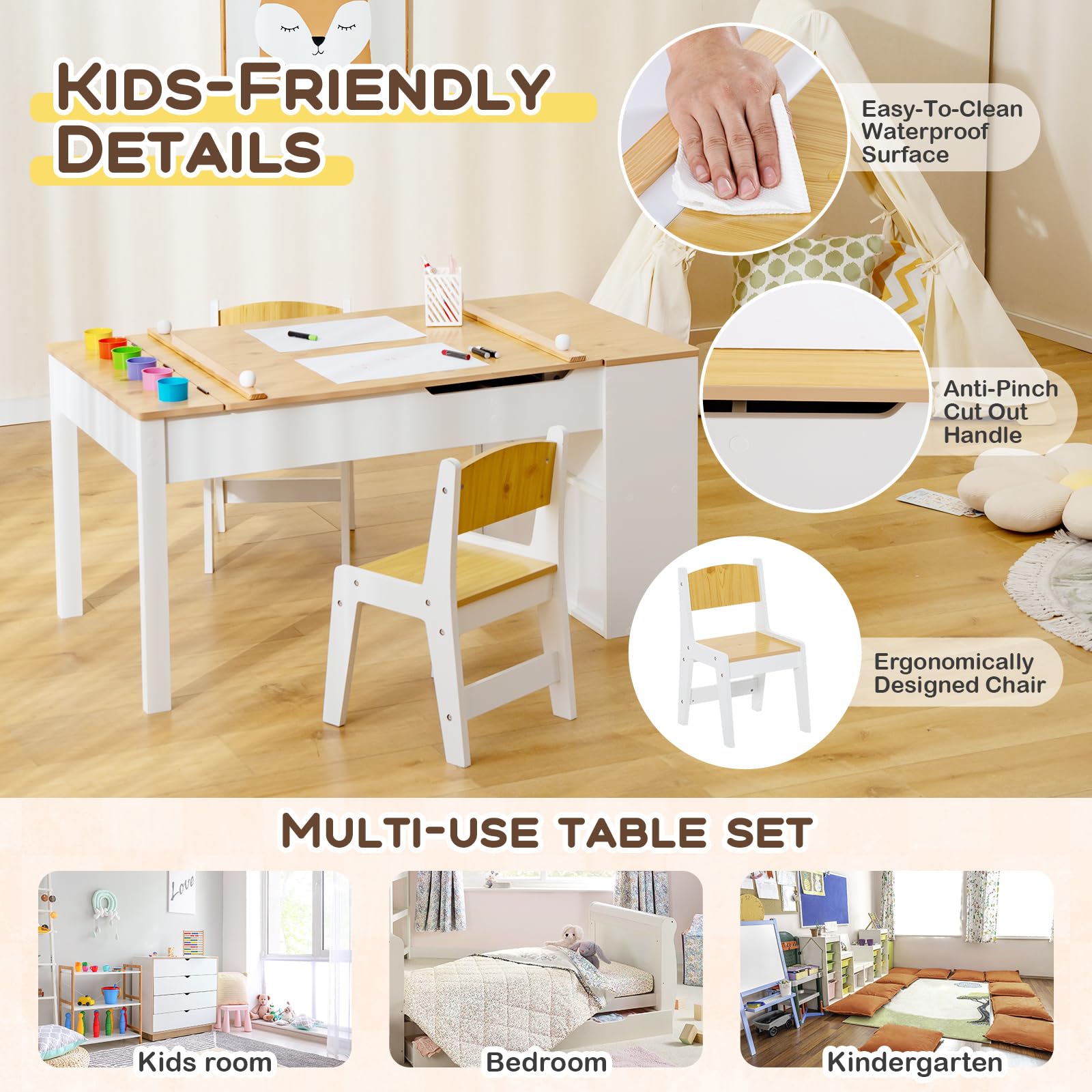 Costzon 3-in-1 Kids Table and Chair Set - Wooden Art Desk with Easel, 2 Chairs, 6 Storage Bins, Paper Roller & Paint Cups for Drawing, Writing & Crafts - Perfect for Toddler Playroom, Preschool Learning & Creative Activities (Natural)