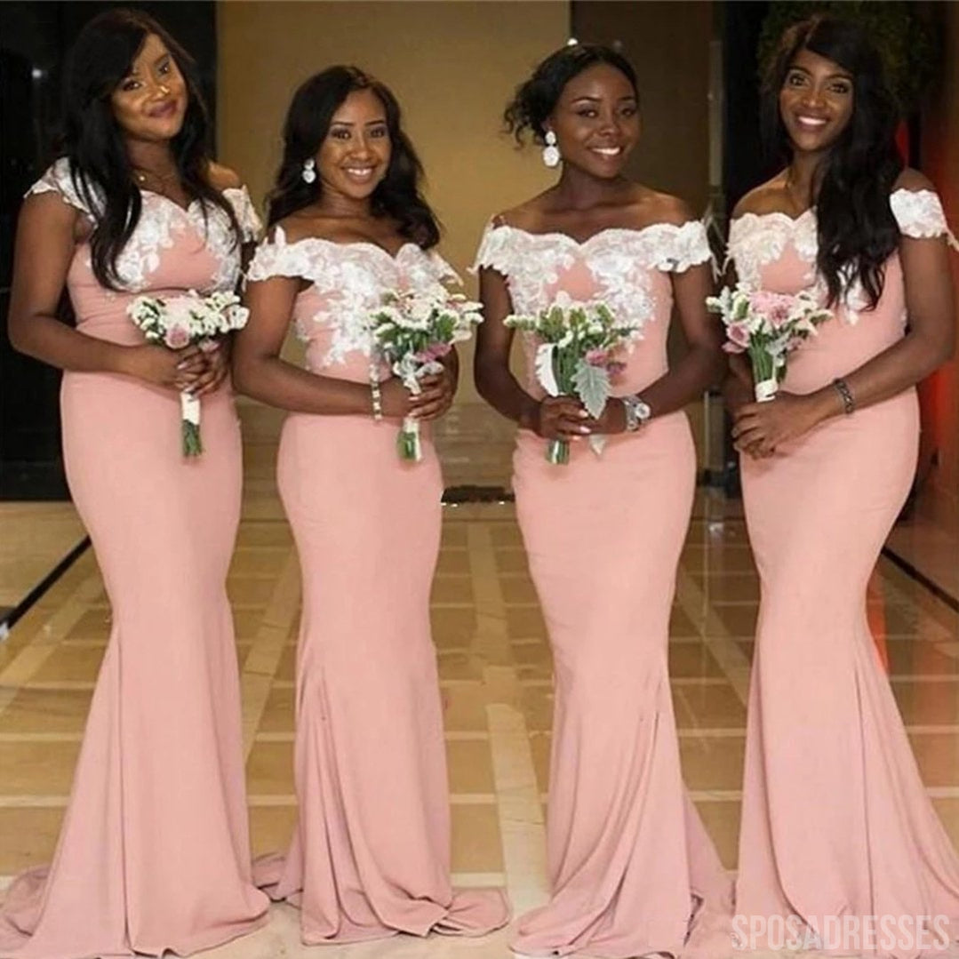 Elegant Mermaid Pink Off-the-Shoulder Lace Applique Bridesmaid Dresses - WG1013 | Perfect for Weddings, Prom, Formal Events & Special Occasions