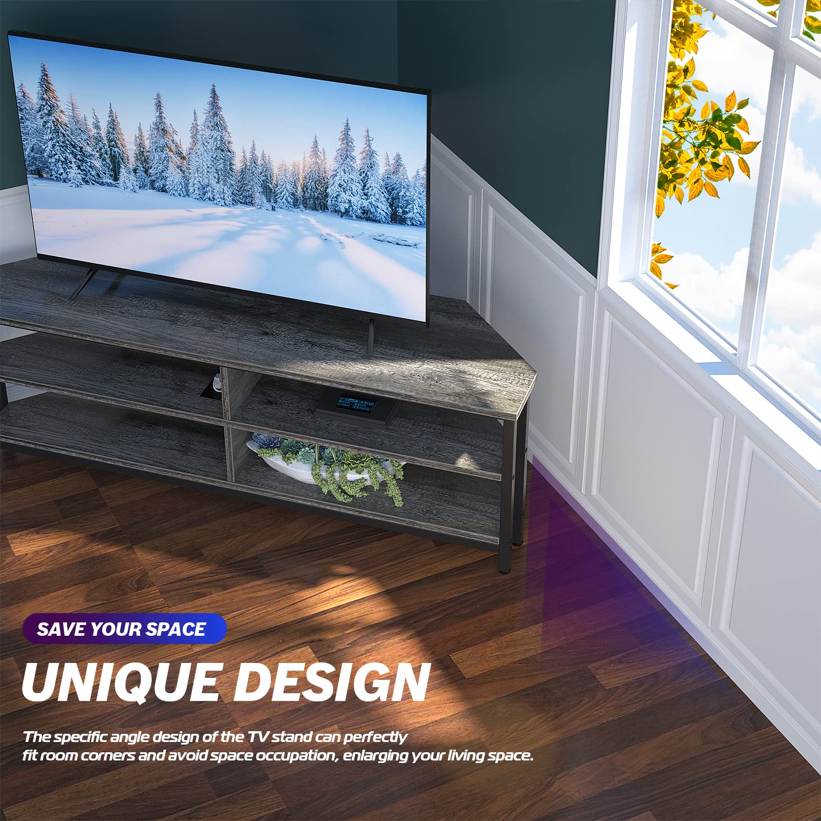 Unikito Corner TV Stand with Power Outlet - Wooden Entertainment Center Media Console with 4 Open Shelves for 55 Inch TV - Gray Oak - Perfect for Living Room, Bedroom & Home Theater Setup
