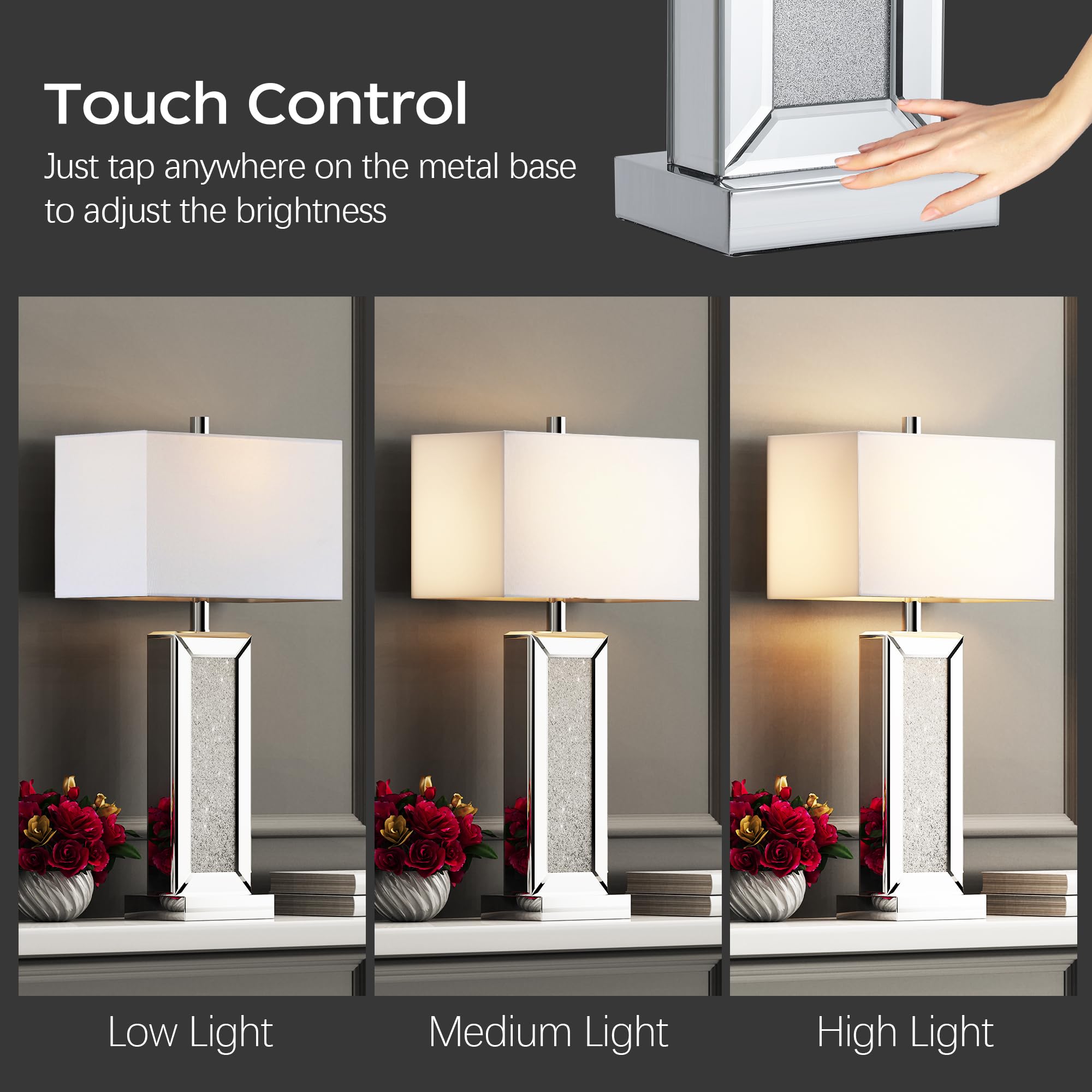 Modern Touch Control Table Lamp Set of 2 - Silver Mirror Diamond Crystal USB C/A Bedside Lamps, 3-Way Dimmable with White Fabric Shade for Living Room, Bedroom, Office & Nightstand Decor | Perfect for Reading, Relaxing & Ambient Lighting