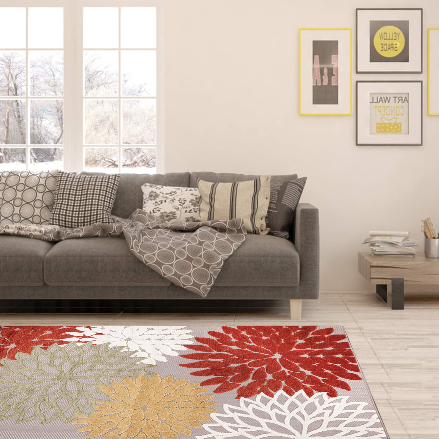 Eviva Nature 5x5 Feet Orange Cream Modern Abstract Area Rug - Soft Non-Slip Living Room Carpet for Bedroom, Dorm & Home Decor