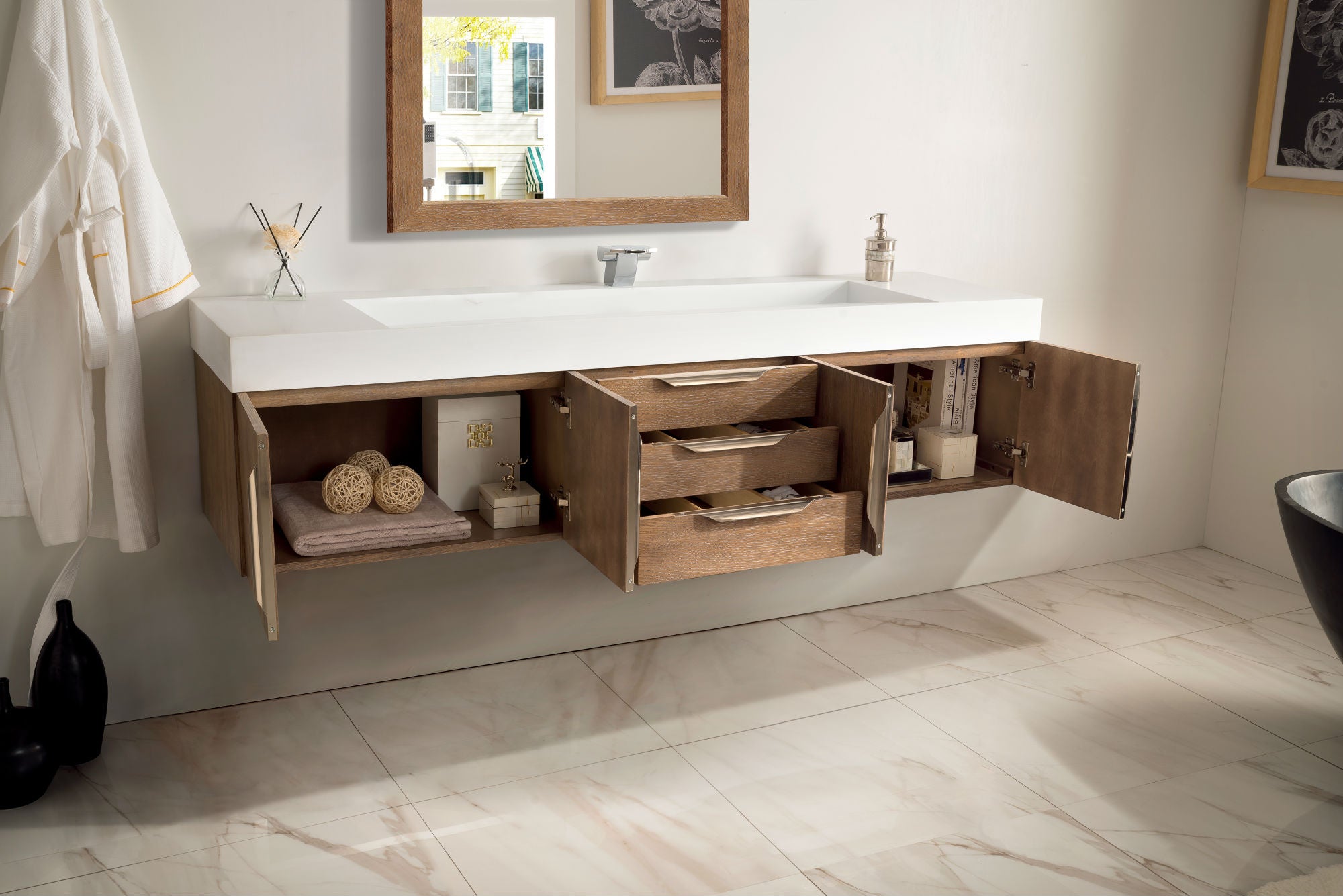 72 Inch Mercer Island Single Bathroom Vanity in Latte Oak with Glossy White Composite Top - Perfect for Modern Master Bathrooms & Powder Rooms