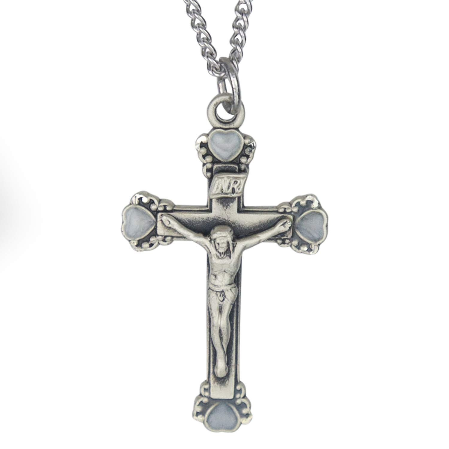 True Faith Jewelry Sterling Silver Crucifix Cross Pendant Necklace with White Heart Pearls - Religious Gift for Baptism, First Communion & Confirmation - 1 1/8 Inch Christian Jewelry