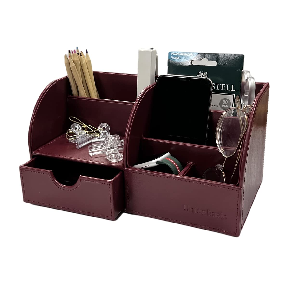 UnionBasic Multifunctional Office Desk Organizer - Stationery Holder & Storage Box with 5 Compartments, Burgundy - Perfect for Home Office, School Supplies Organization & Workspace Decluttering