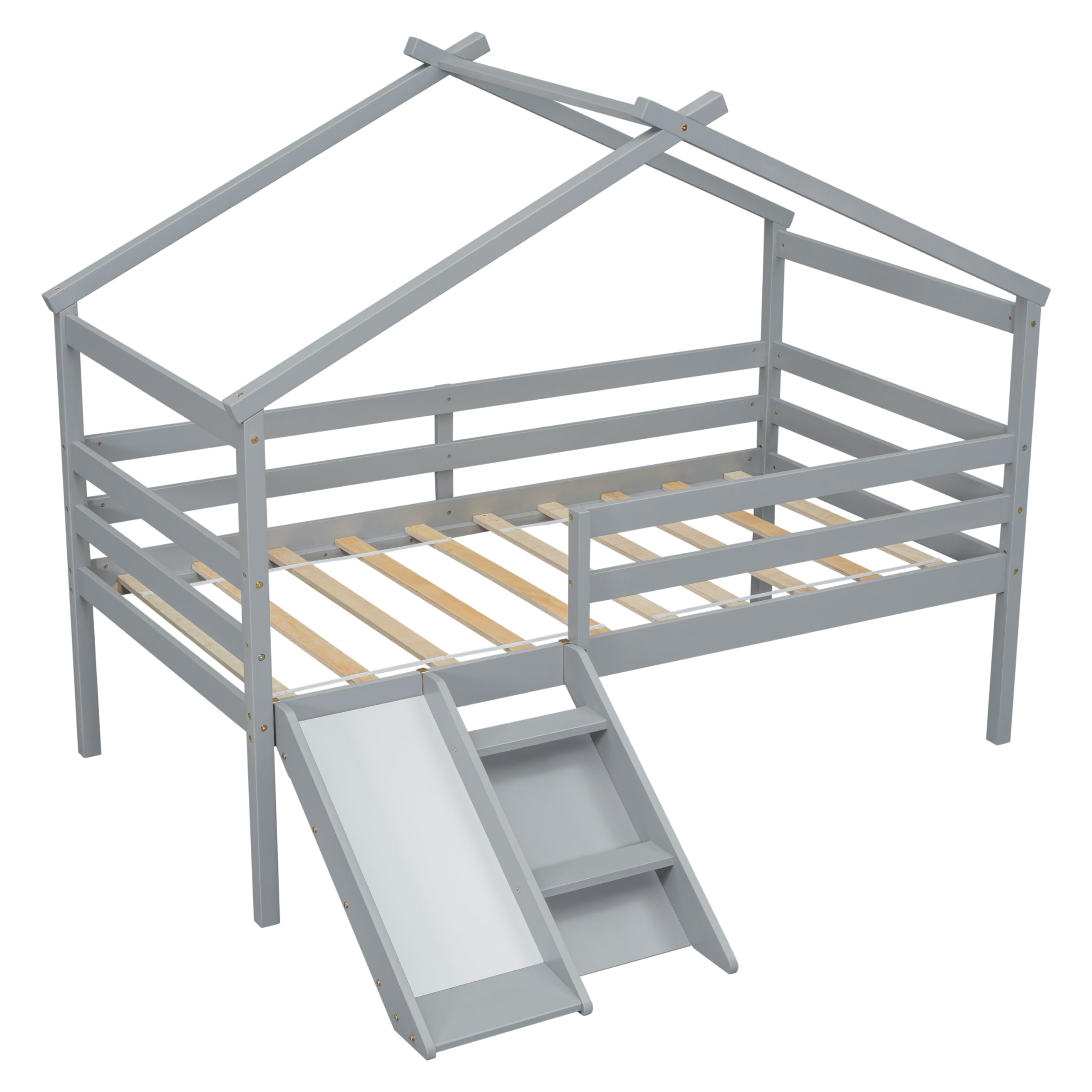 Bellemave Twin Size Low Loft Bed for Kids with Slide & Ladder - Solid Wood House Loft Bed with Safety Guardrails for Boys & Girls (Grey) - Perfect for Small Bedrooms, Playrooms & Kids' Spaces