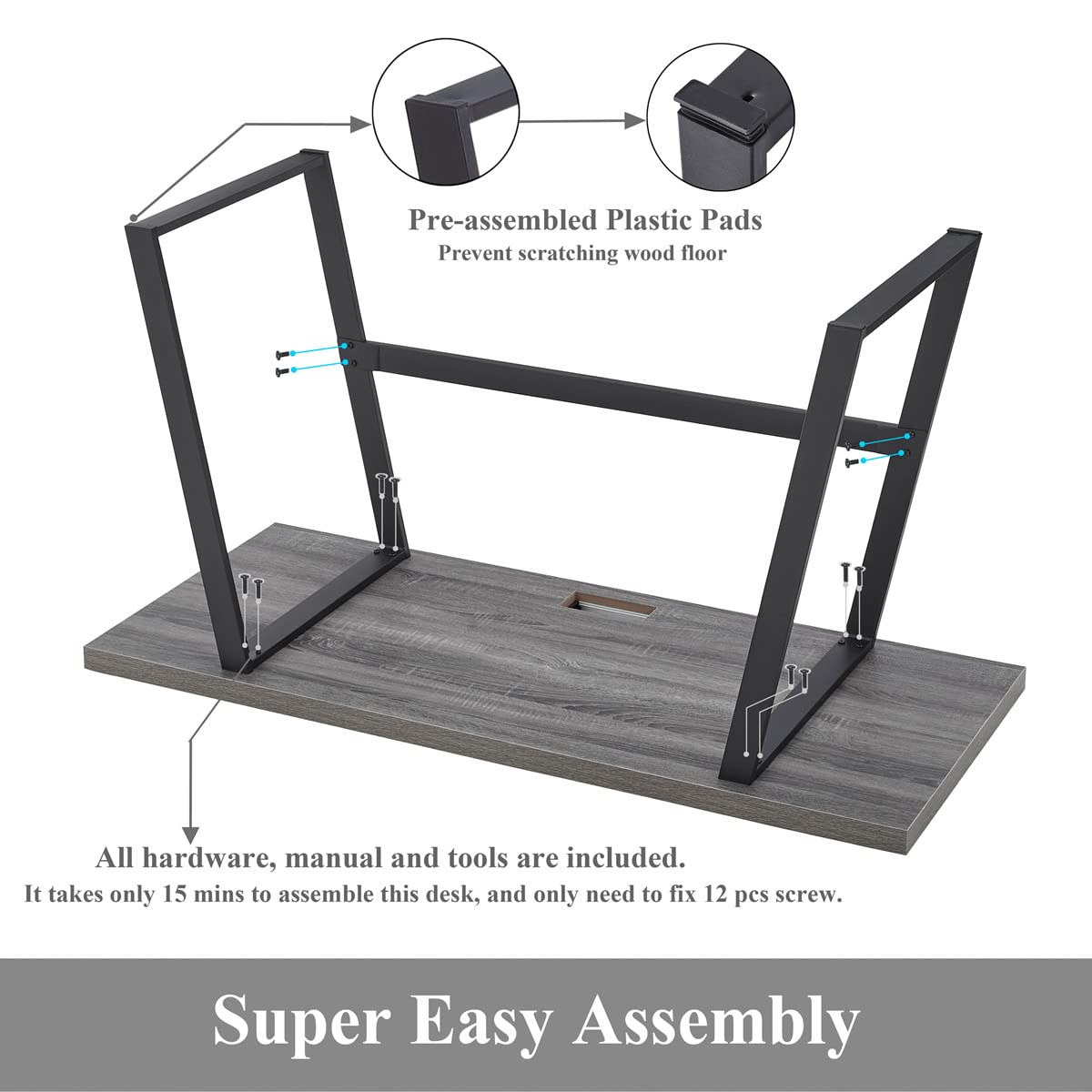 BON AUGURE 55 Inch Computer Desk - Wood & Metal Home Office Workstation (Dark Grey Oak) for Study & Workspace
