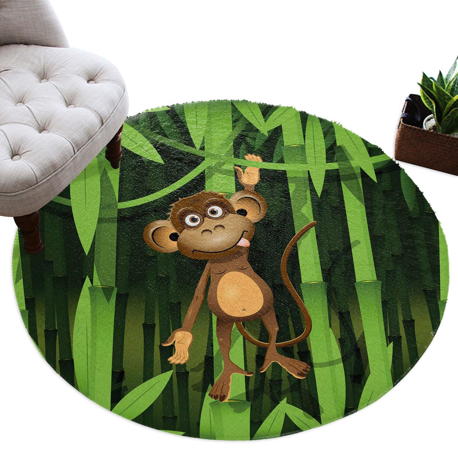 Super Soft Plush Round Area Rug - Cartoon Monkey Bamboo Forest Design, 3.3' Diameter Cozy Indoor Carpet for Bedroom, Living Room, Dorm | Durable Play Mat for Kids Room & Nursery Decor