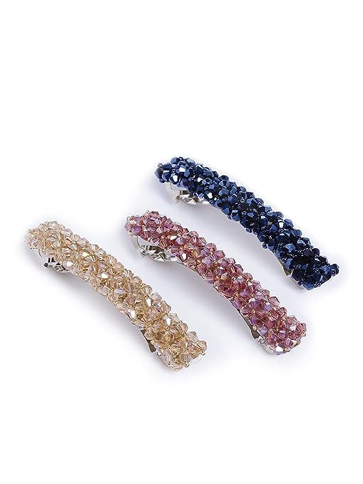 Elegant Crystal French Barrette Hair Clips for Women & Girls - Set of 3 Multicolor Hair Accessories | Perfect for Weddings, Parties & Everyday Wear