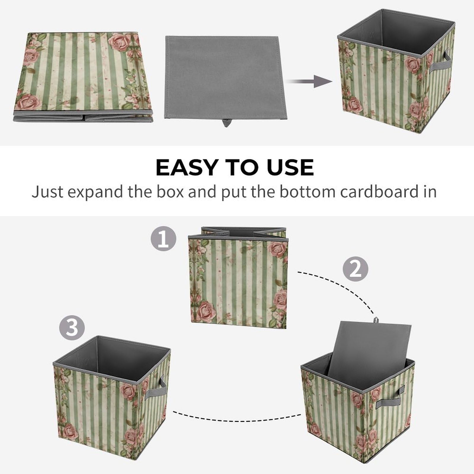 Foldable Fabric Storage Bins with Handles - Cube Organizer for Clothes, Toys & Home Organization (Roses & Green Plants Design) | Perfect for Closet, Cabinet & Shelf Storage - Ideal for Bedroom, Nursery & Dorm Organization