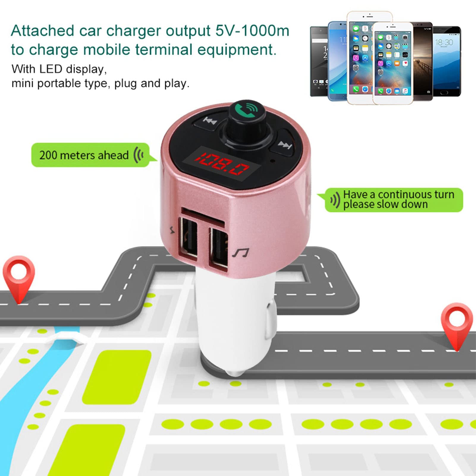Kafuty Wireless Bluetooth Car Audio Transmitter - Hands-Free Calling, FM Radio Adapter with Dual USB Charging Ports & USB Drive Support for MP3 Playback (Pink) | Perfect for Road Trips, Commuting & In-Car Entertainment
