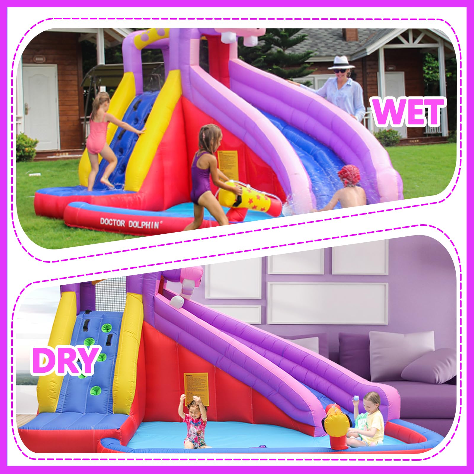 **Doctor Dolphin Inflatable Bounce House with Water Slide - Kids & Toddler Indoor/Outdoor Bouncy Castle, 450W Blower Included - Fun for Backyard, Birthday Parties, Summer Water Parks (Wet & Dry Use)**