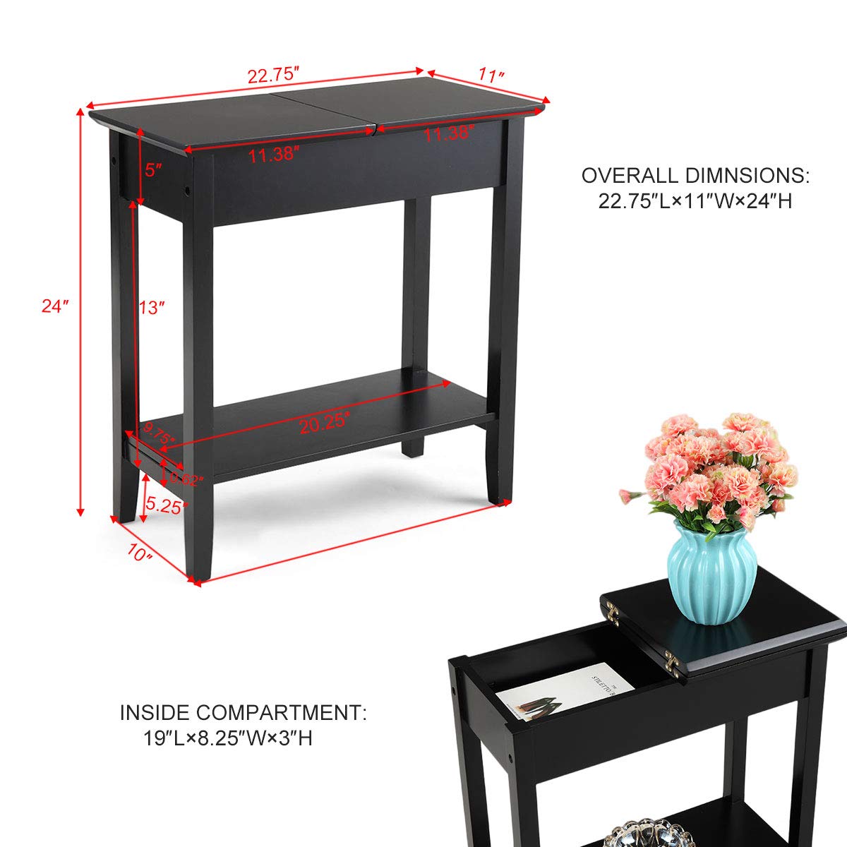 Modern Flip Top End Table with Storage Shelves - Wooden Side Table for Sofa, Living Room & Bedroom - Space-Saving Black Accent Furniture (Perfect for Small Spaces, Apartments & Home Decor)