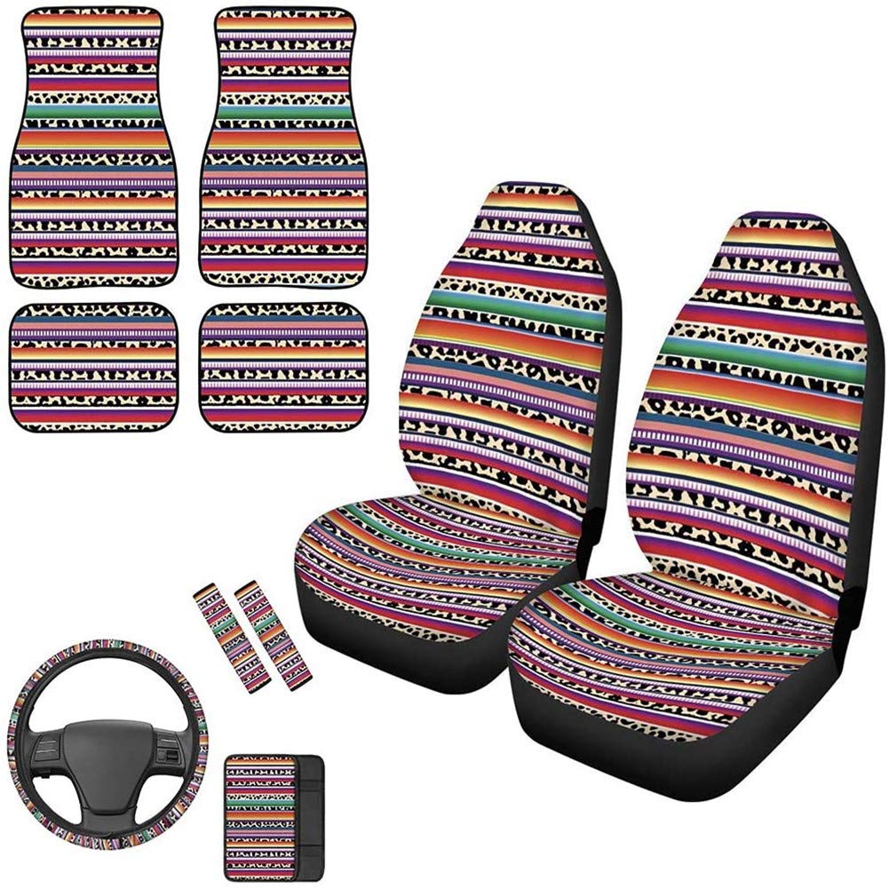 PZZ BEACH Leopard Print Multicolor Trippy Striped Car Seat Covers Set - 10 Pieces Universal Fit for Front Seats, Steering Wheel Cover, Armrest Cushion, Seat Belt Pads & Floor Mats | Stylish Car Interior Upgrade for SUVs, Sedans & Trucks