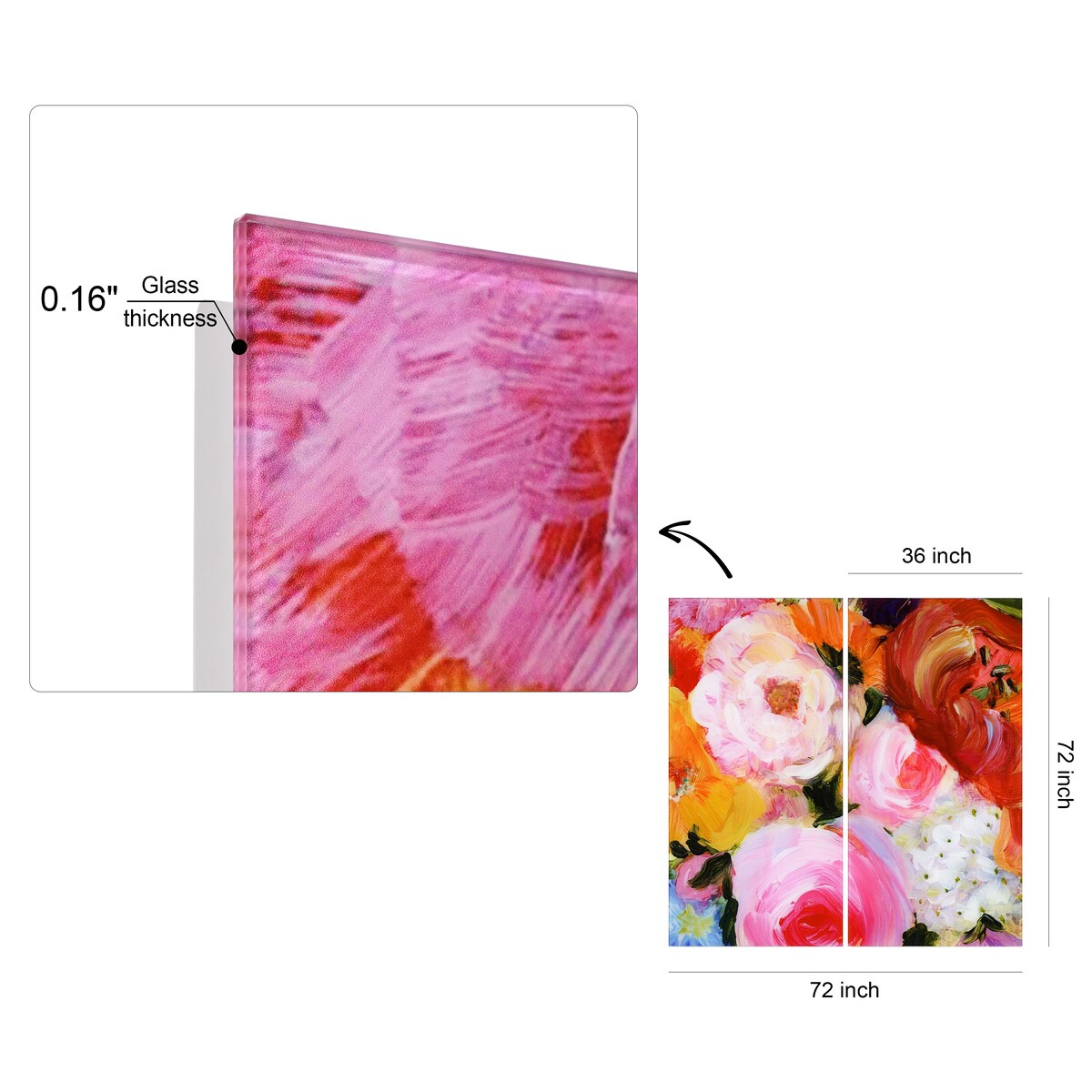 Blossoms in Rouge & Blush Oversized 72x36 Frameless Floating Reverse Printed Tempered Glass Art Panels Set - Perfect for Living Room, Bedroom, and Office Wall Decor