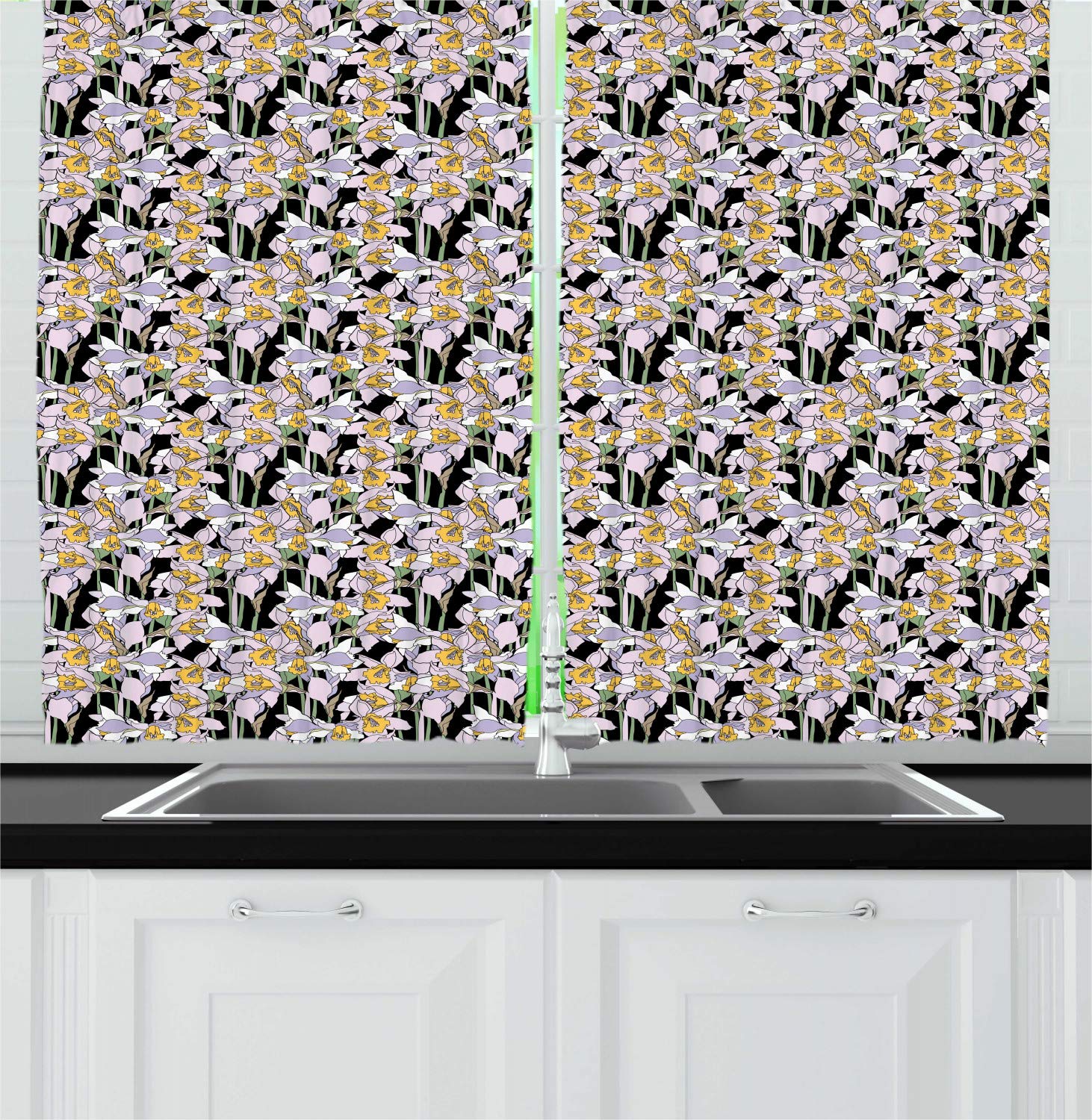 Ambesonne Floral Kitchen Curtains Set of 2 Panels - Cartoon Style Detailed Flowers on Dark Background, 55