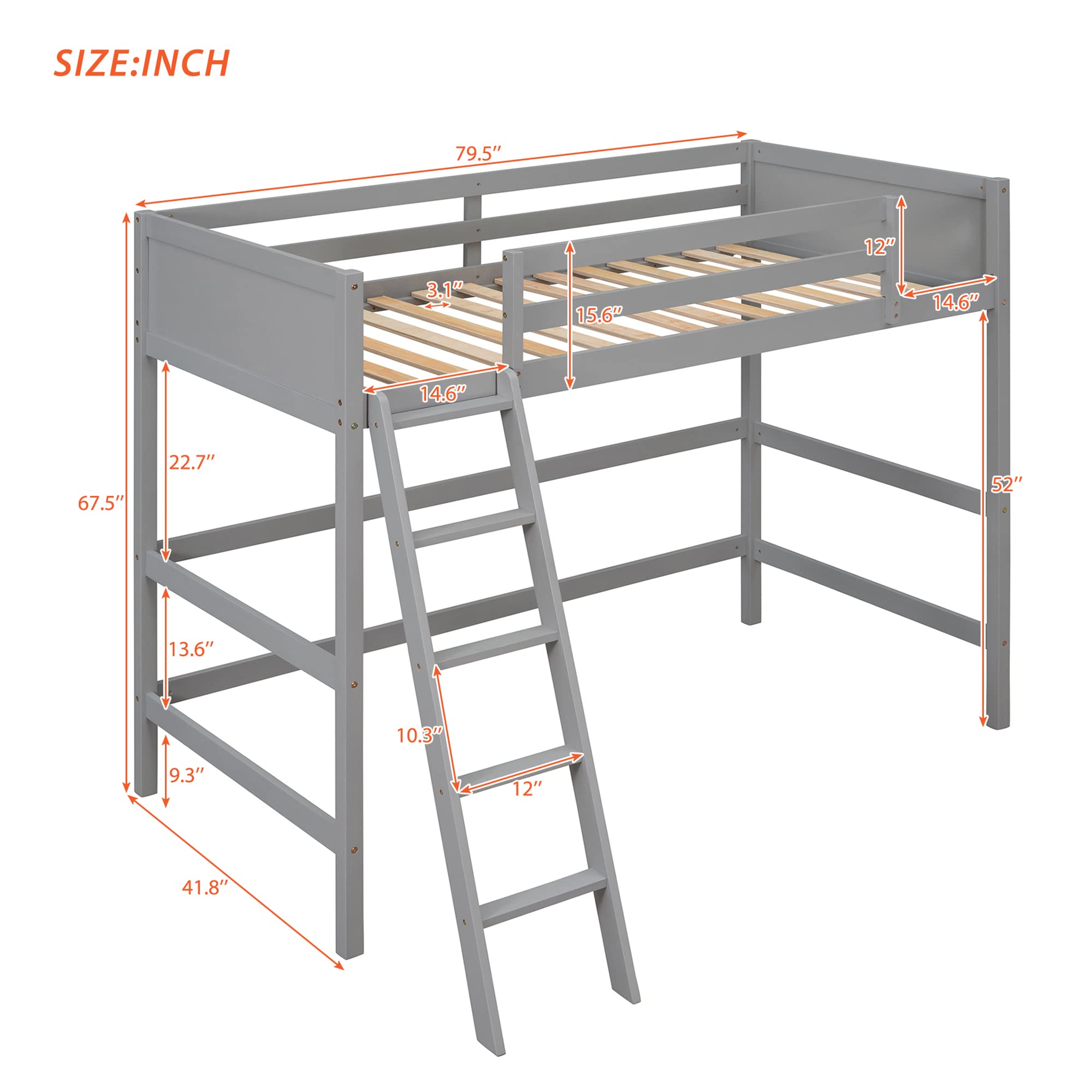 P PURLOVE Twin Loft Bed Frame with Angled Ladder - Sturdy Wooden Loft Bed for Teens, Kids, Boys & Girls - No Box Spring Required (Gray) - Perfect for Small Bedrooms, Dorm Rooms & Space-Saving Kids' Rooms