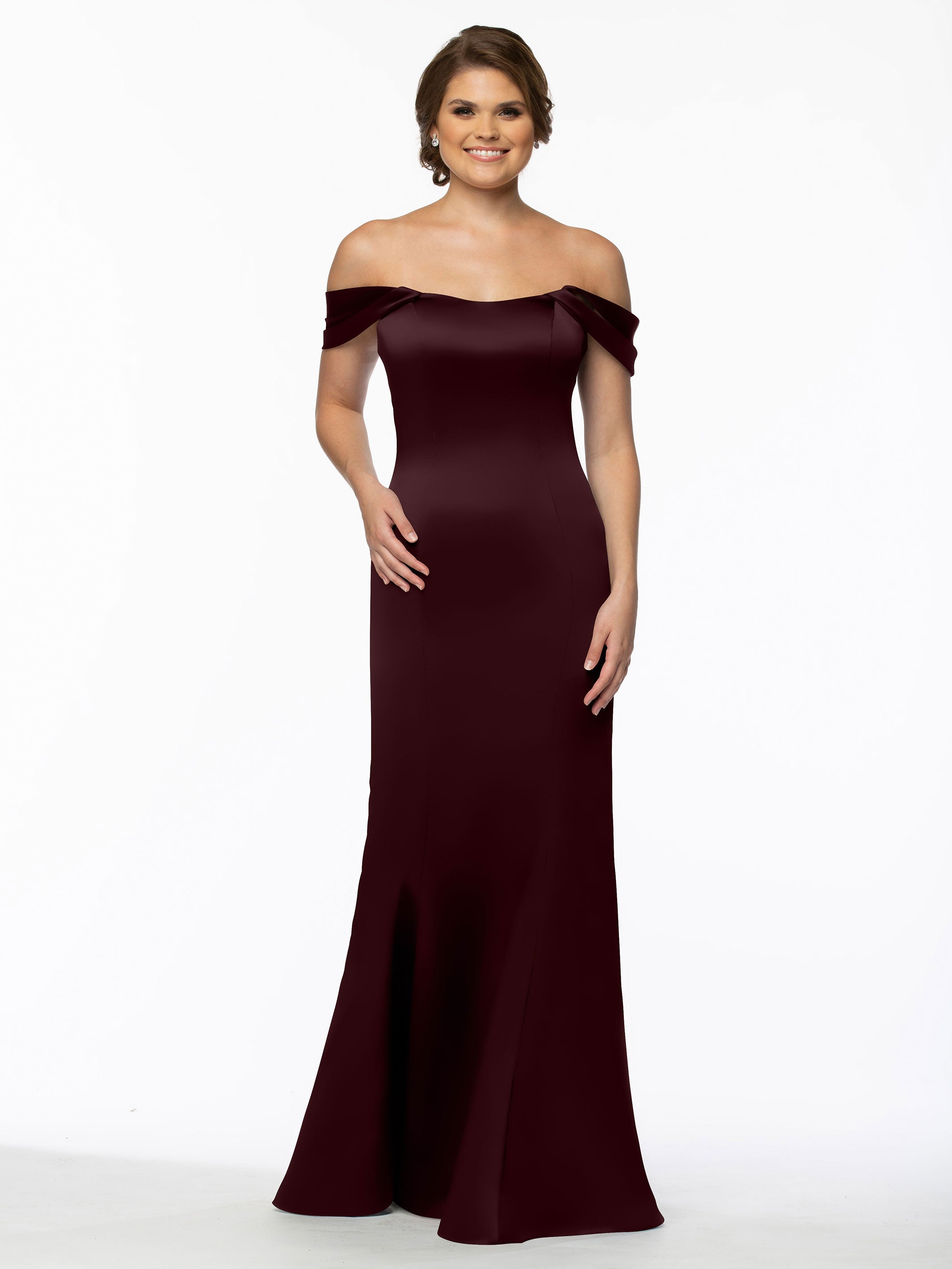 Elegant 80151 Fitted Satin Bridesmaid Dress with Off-The-Shoulder Sleeves - Perfect for Weddings, Formal Events & Special Occasions