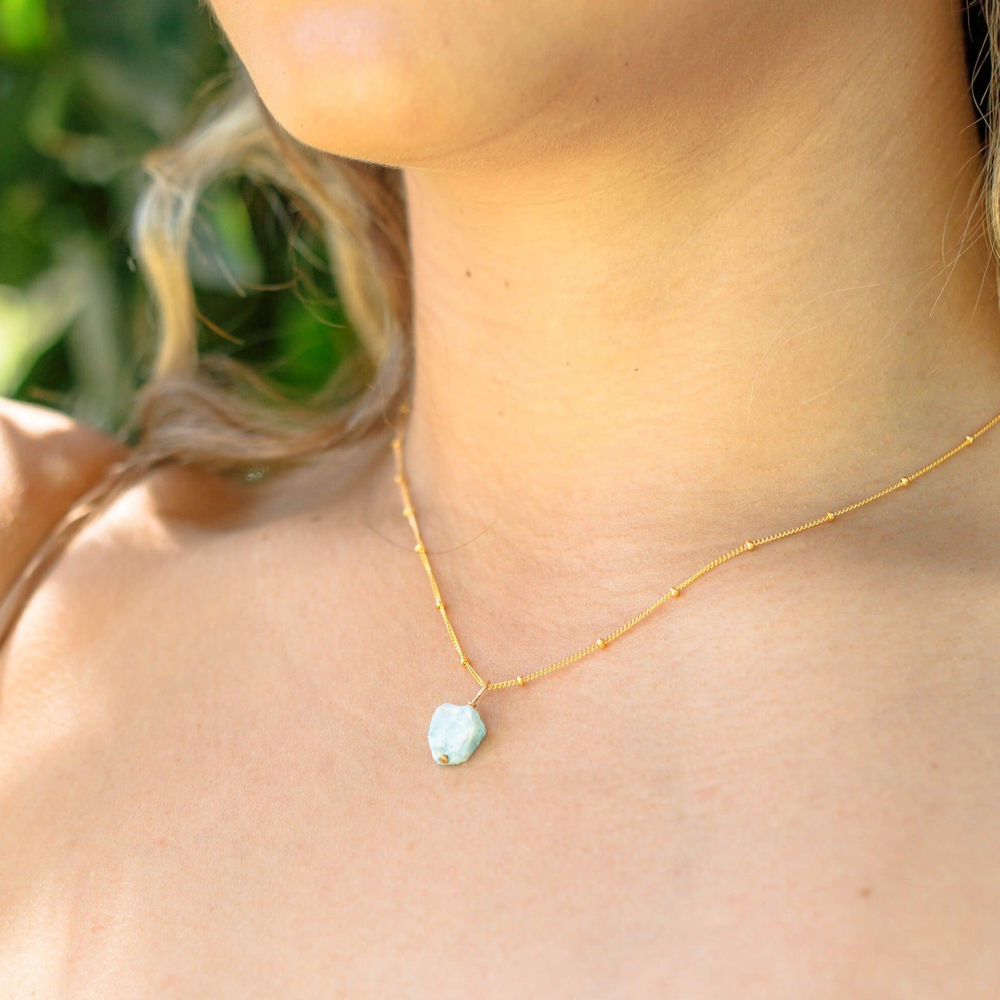 Natural Raw Larimar Pendant Necklace - Handmade Blue Gemstone Jewelry for Women - Perfect for Beach Vacations & Boho Fashion