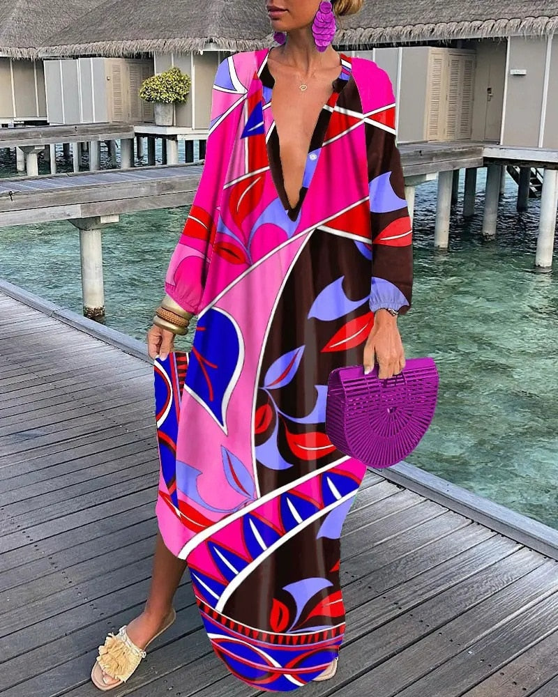 Lovevop Women's Sexy Casual Long Sleeve Maxi Dress - Abstract Print Round Neck Lantern Sleeve Loose Shirt Dress for Fall/Winter | Perfect for Date Night, Party, Office Wear & Holiday Outfits